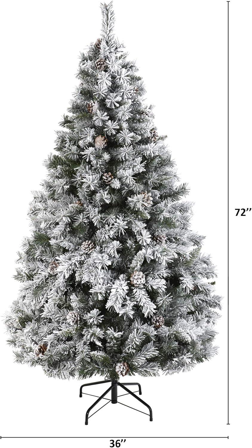 Nearly Natural 6' Flocked White River Mountain Pine Artificial Christmas Tree with Pinecones