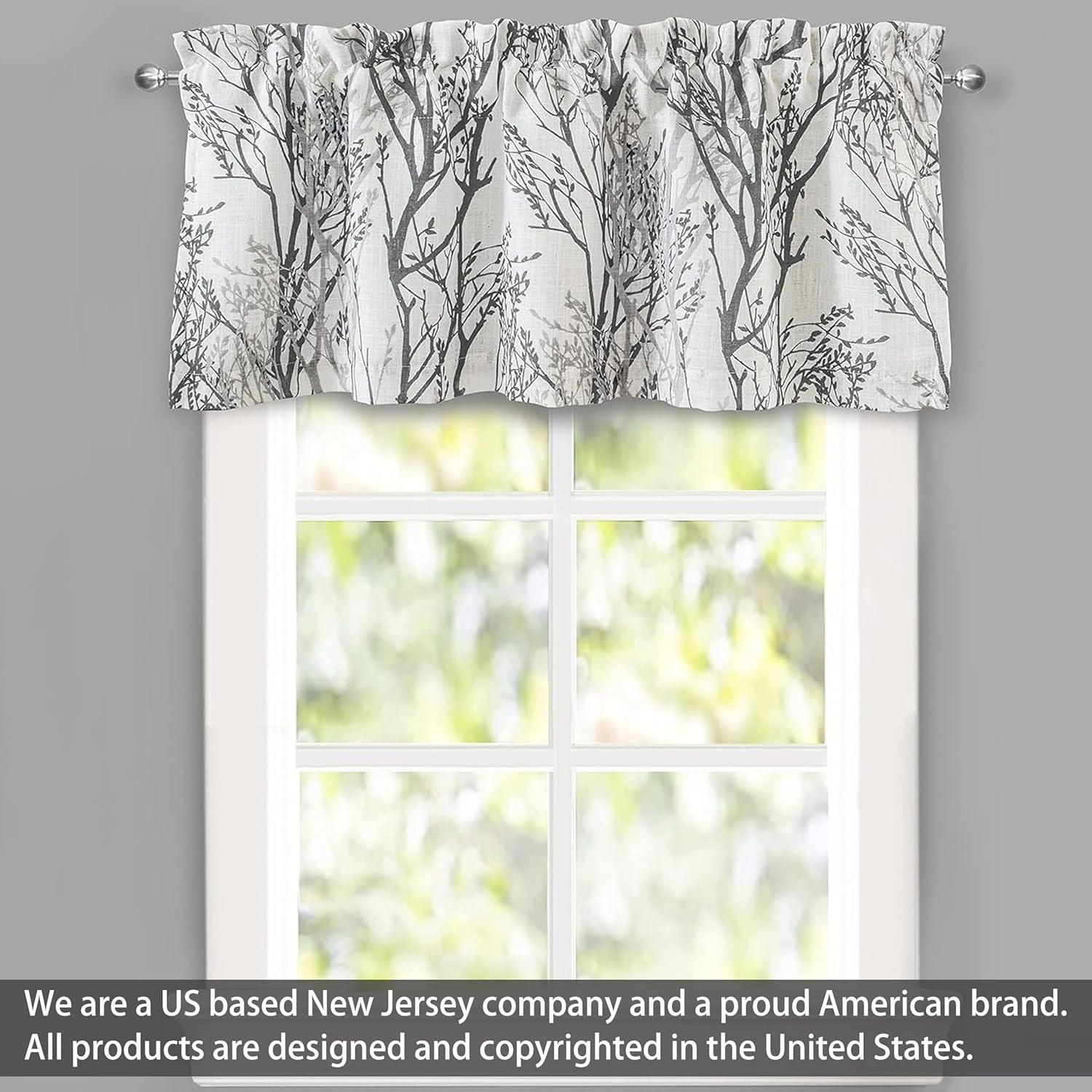 DriftAway Tree Branch Linen Blend Abstract Ink Printing Lined Thermal Insulated Window Curtain Valance Rod Pocket 52" x 18" Plus 2" Header Gray 2 Pack