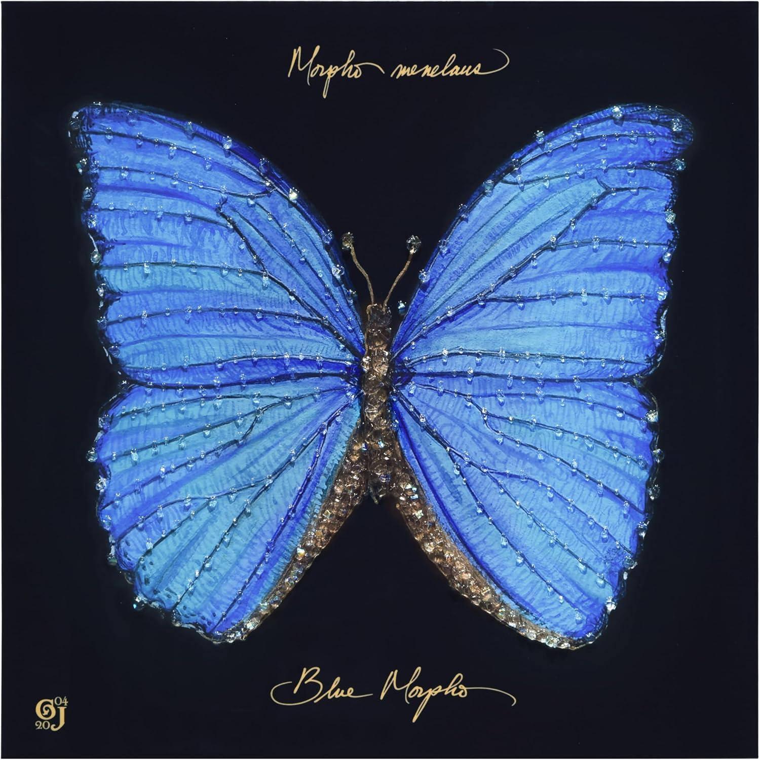 "Blue Monarch Elegance" Crystallus Epoxy Coated Wrapped Glossy Butterfly Canvas Wall Art with Heavy Acrylic Crystal Shards Embellishments