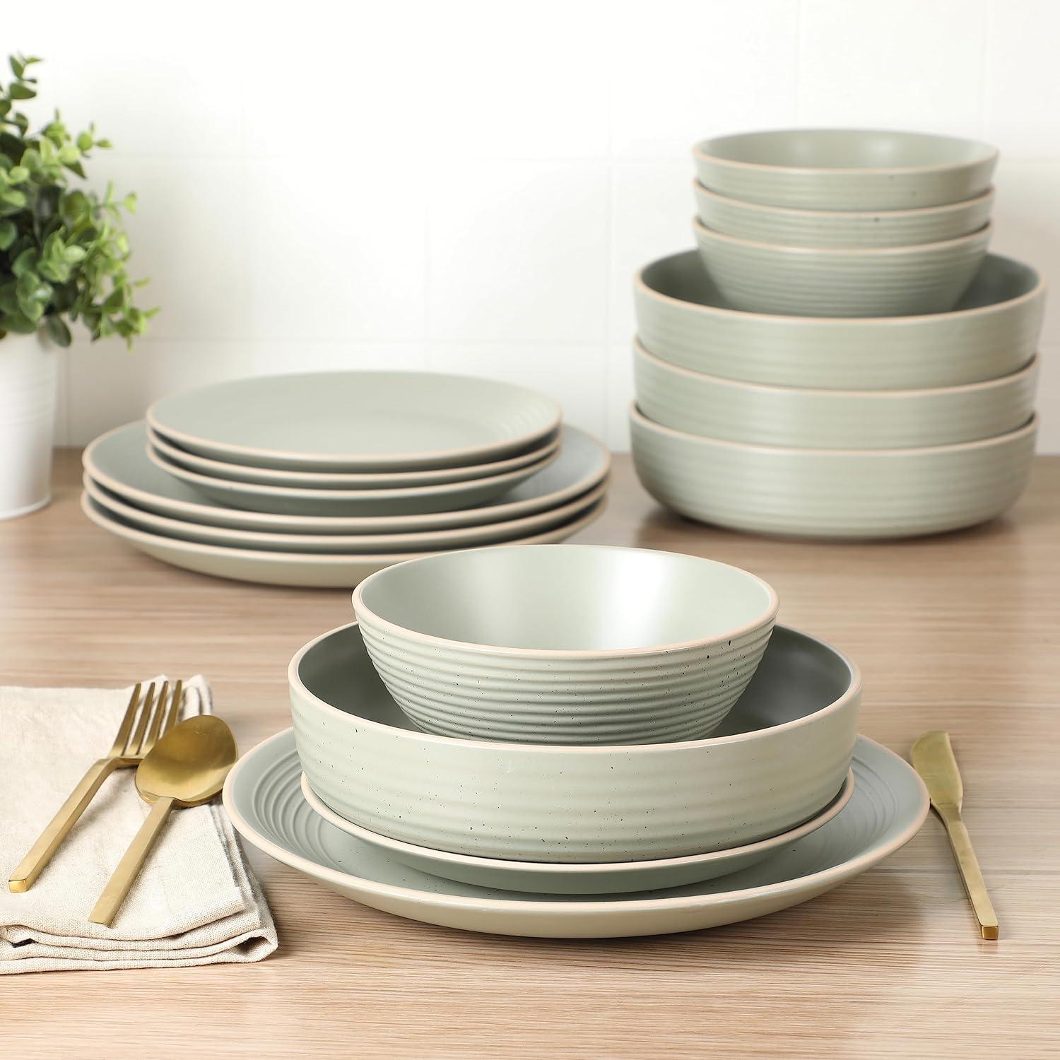 Sage Green Ceramic 16-Piece Embossed Dinnerware Set