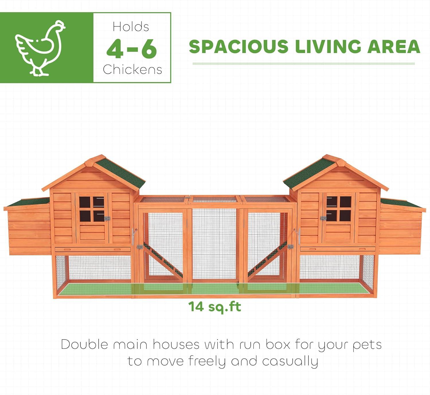 PawHut 124" Dual Chicken Coop, Wooden Large Chicken House, or Rabbit Hutch, Hen Poultry Cage Backyard with Outdoor Ramps and Nesting Boxes, Natural
