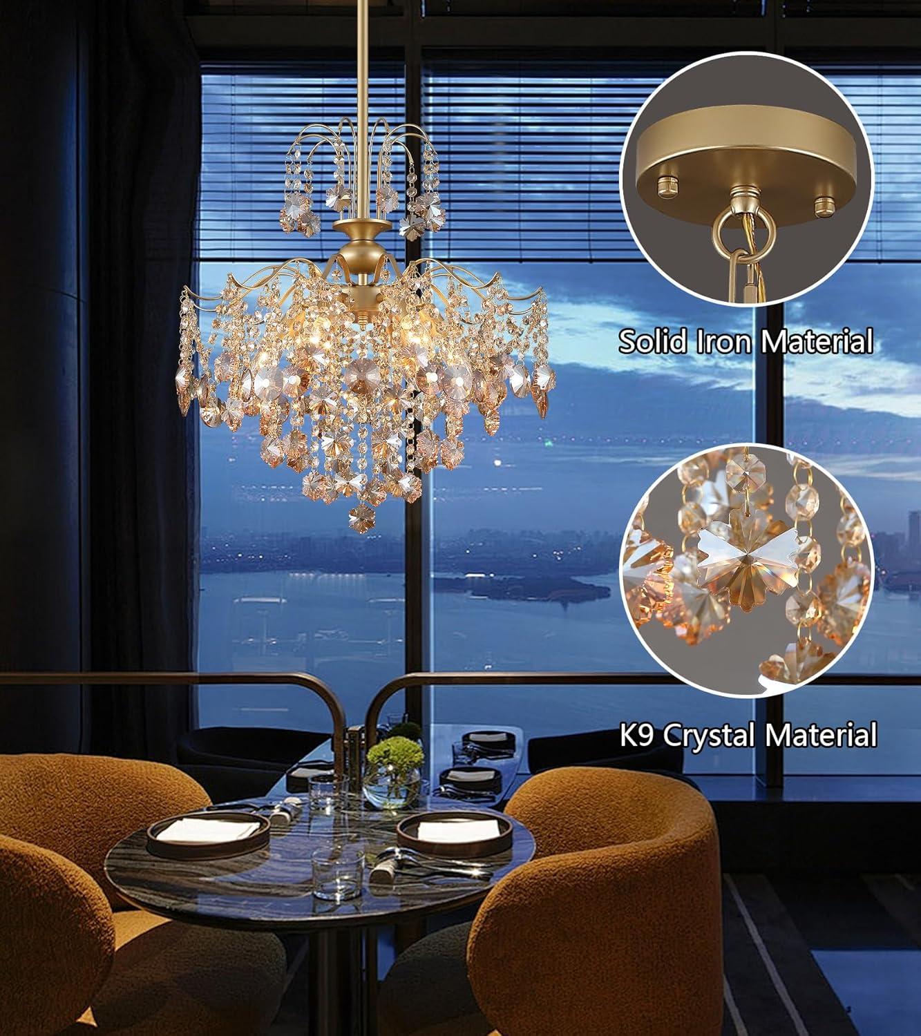 Q&S Modern Gold Crystal Chandelier Amber Crystal Pendant Light 6 Lights for Bedroom Dining Room Entryway Hallway Office Bathroom UL Listed