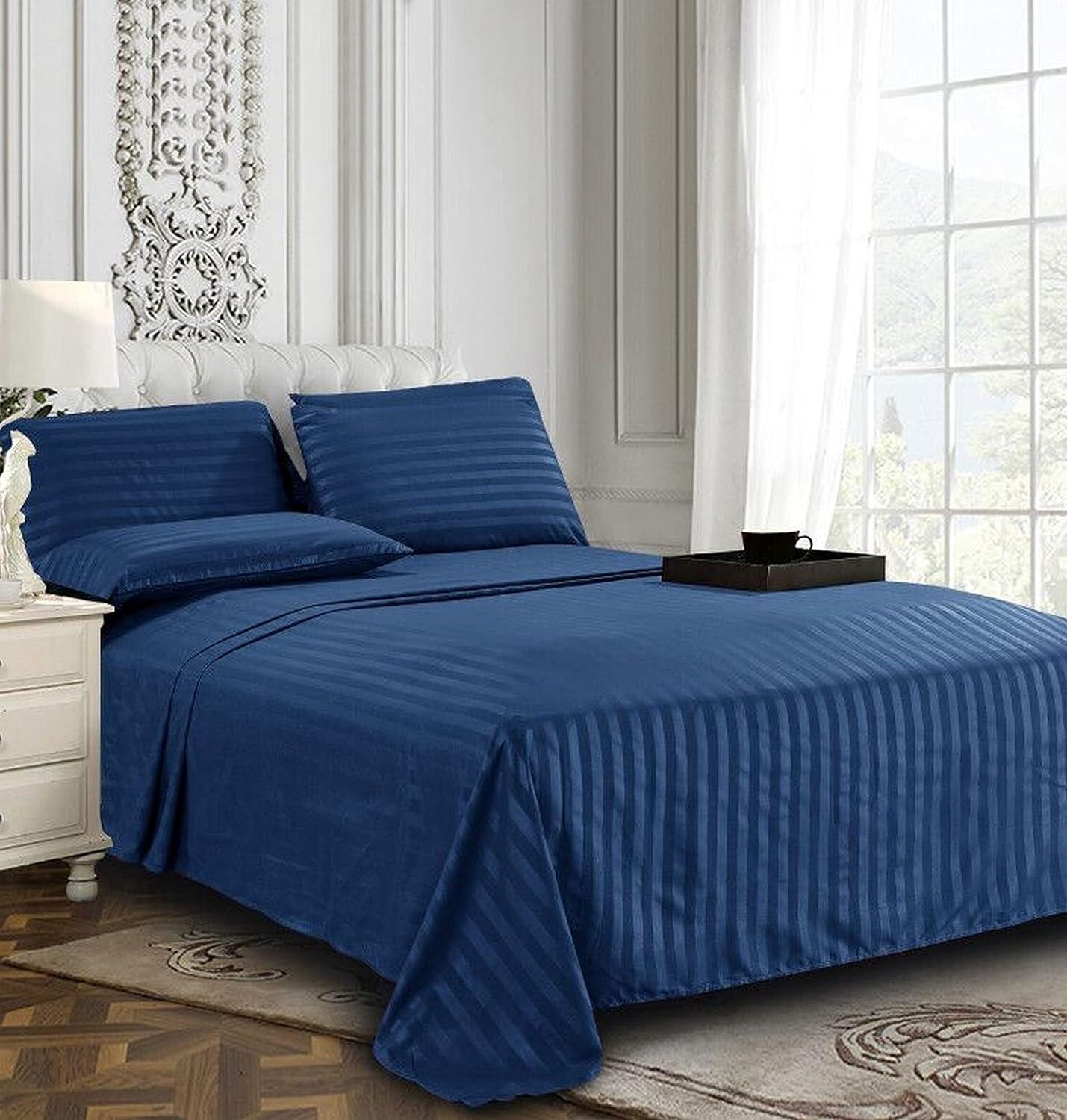 1500 Thread Count 6-Piece DAMASK STRIPE Bed Sheet Set, King Navy Blue