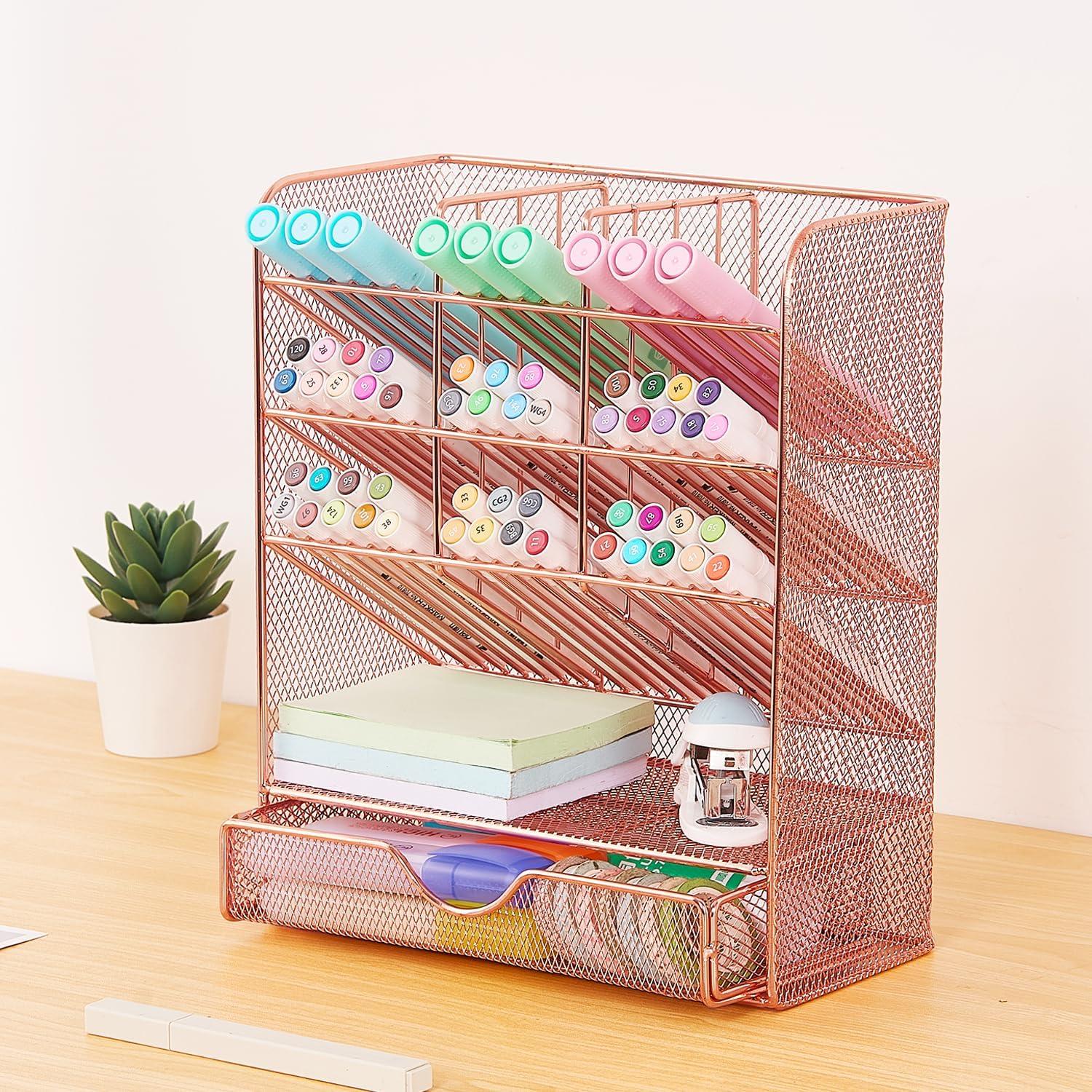 Rose Gold Rectangular Metal Desk Organizer with 10 Compartments