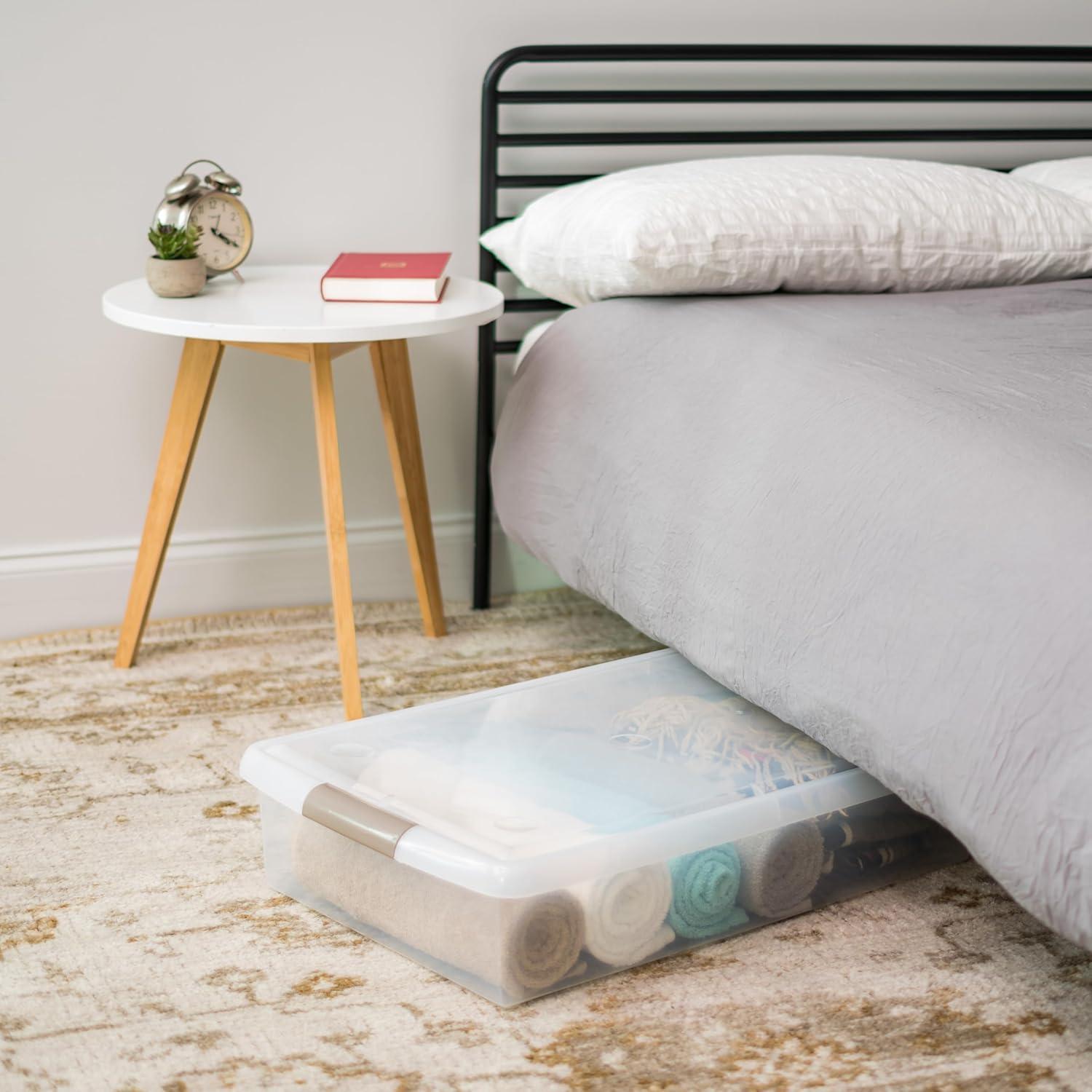 IRIS USA 40 Qt Plastic Under Bed Storage Stackable Nestable Organizer Bin Container with Secure Lids and Durable Tan Buckles, Clear