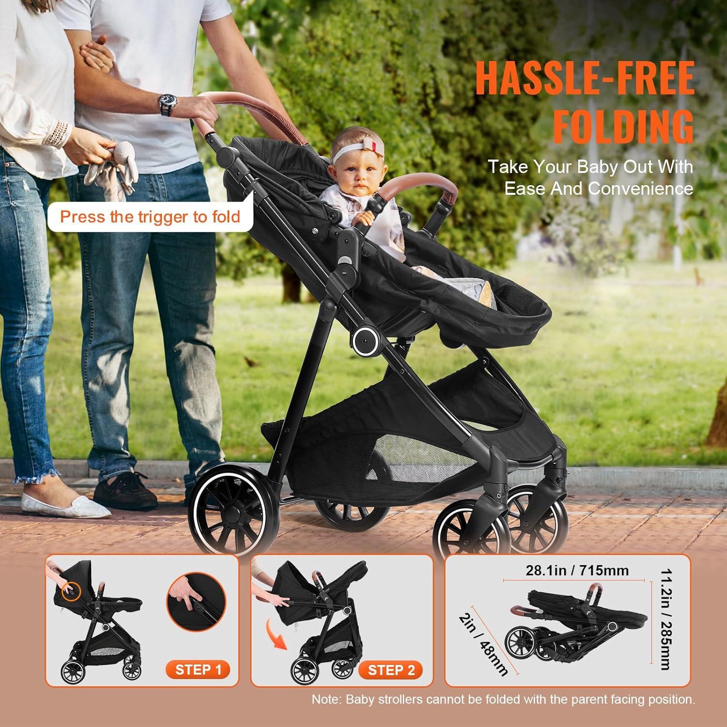 Gray All-Terrain Steel Frame Bassinet Stroller with Adjustable Backrest