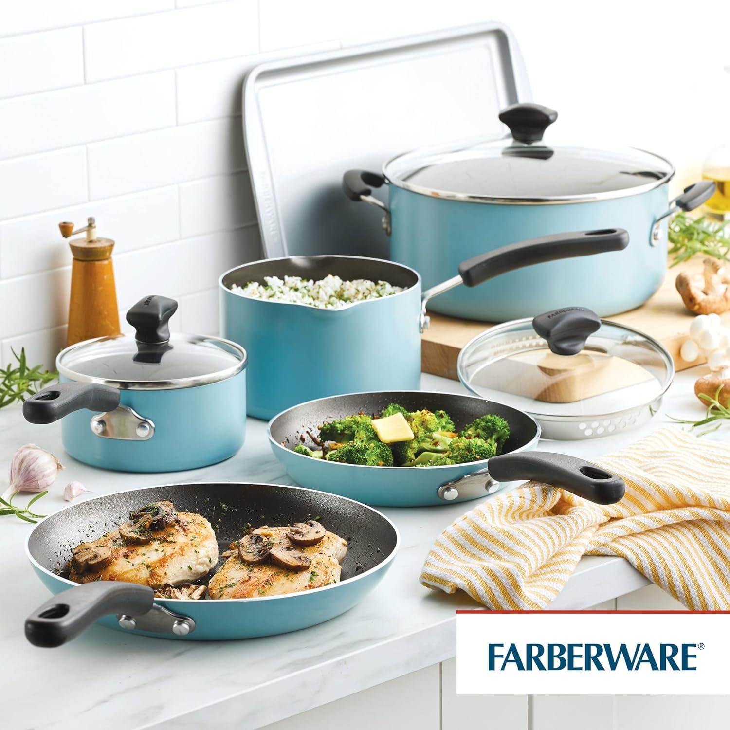 Farberware Cookstart Aluminum DiamondMax Nonstick Cookware Set, 15-Piece, Aqua