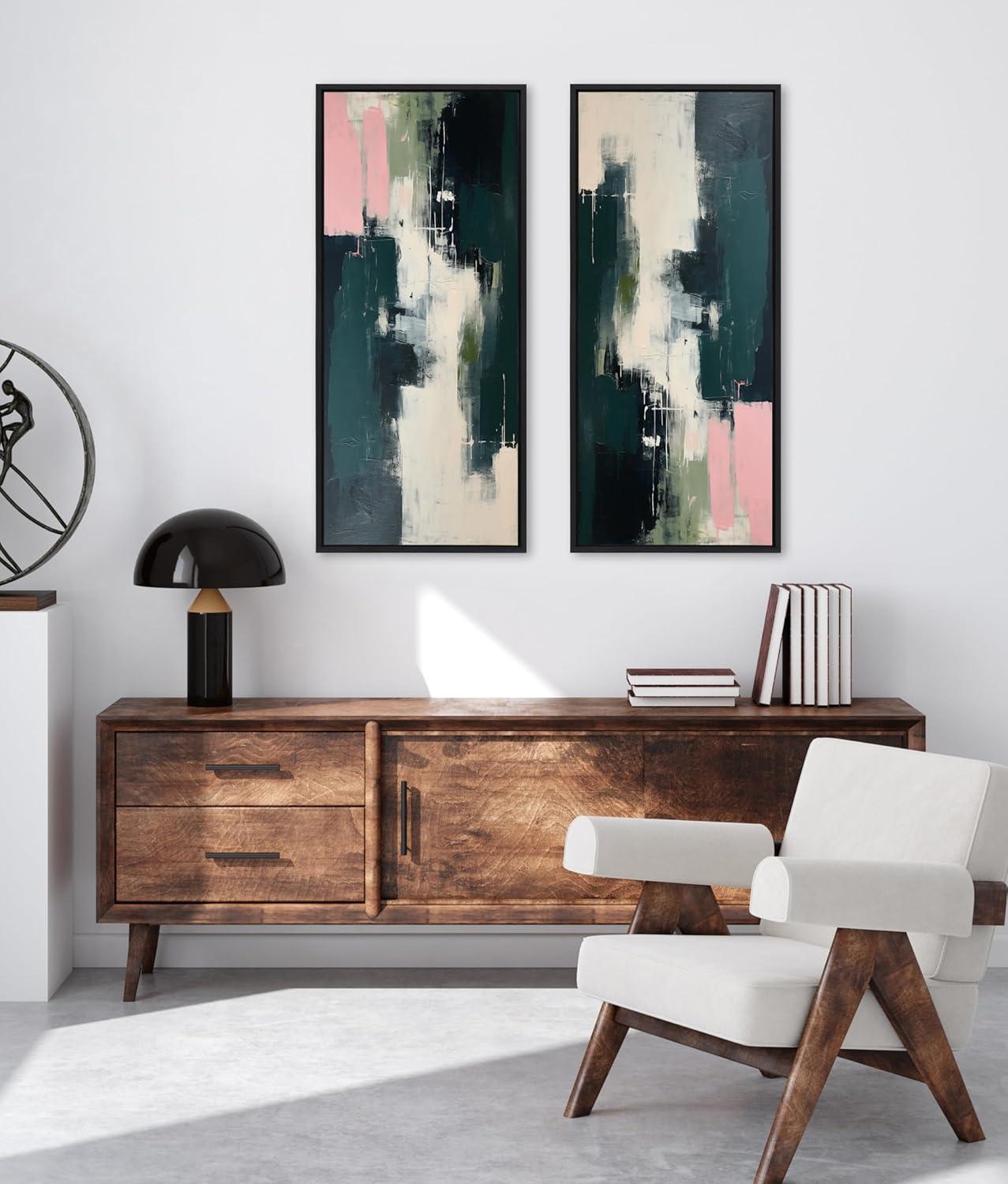 Emerald Blush Abstract Canvas Print with Black Frame, 18x40