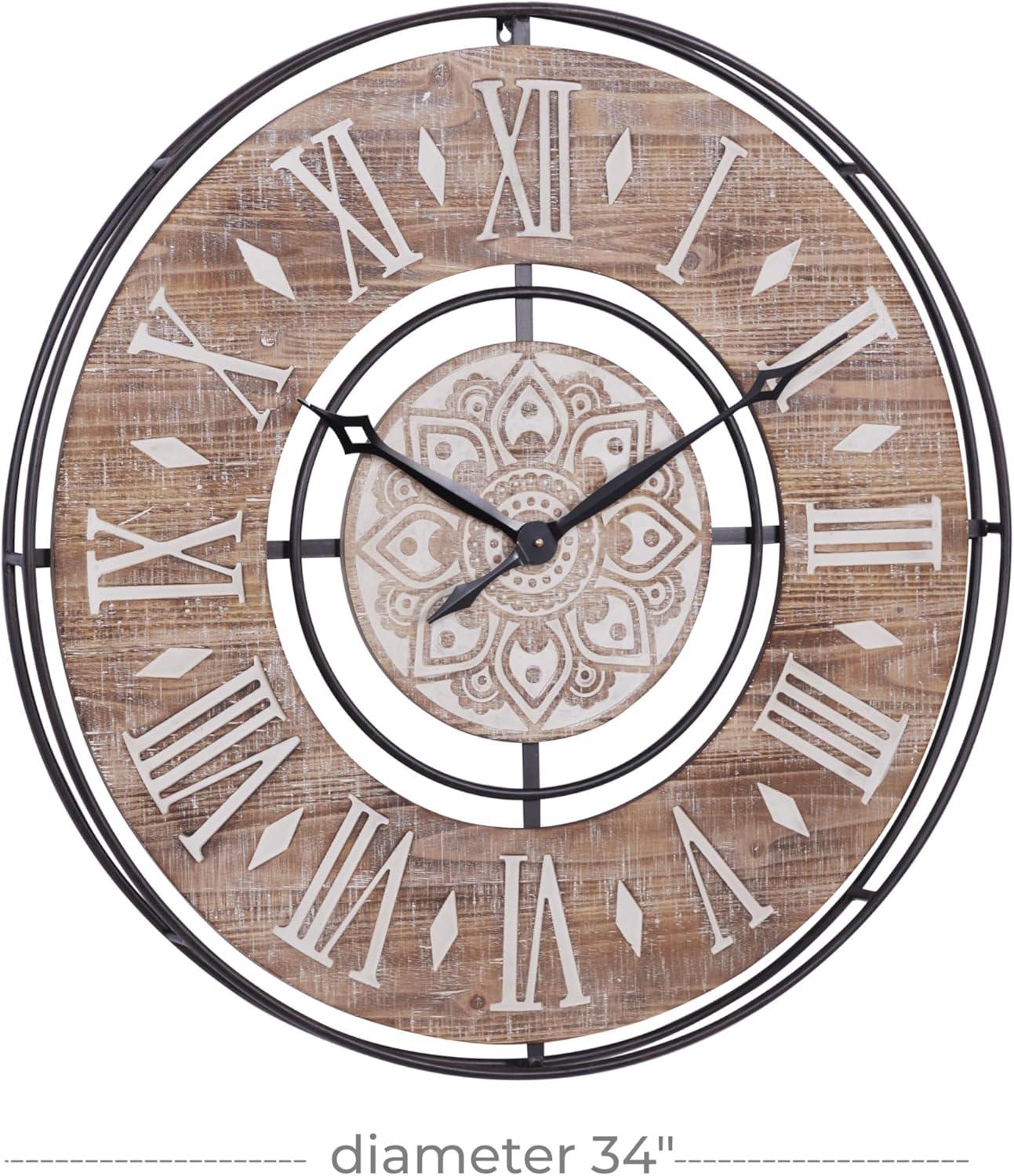 DecMode 34" Brown Metal Wall Clock with Wood Accents