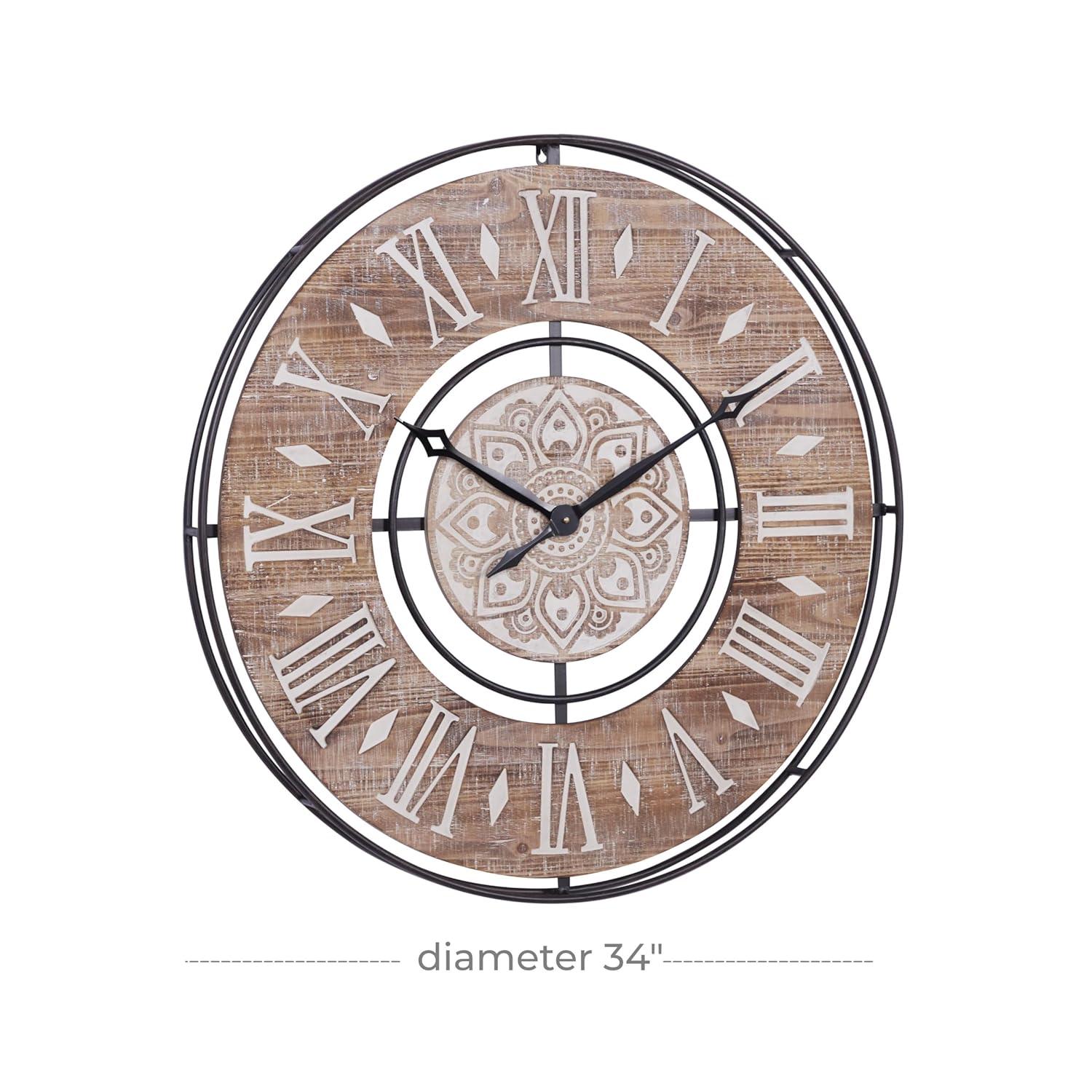 DecMode 34" Brown Metal Floral Wall Clock with Wood Accents
