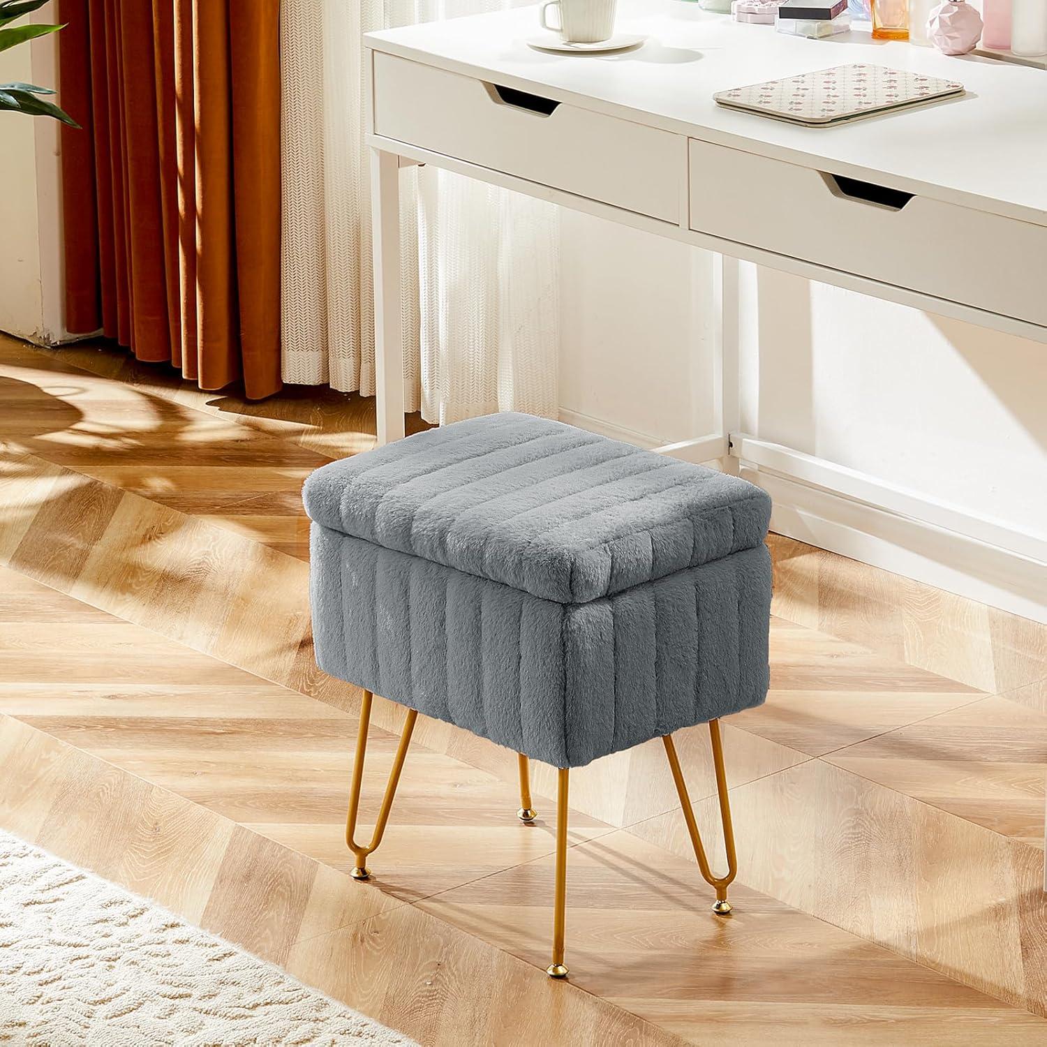 Sweetcrispy Vanity Stool Chair with Storage, Ottoman Faux Fur Soft Padded Makeup Footstools Seat with 4 Metal Legs Anti-Slip Adjustable Feet Modern Cute Small Footrest for Home Entryway Bedroom White