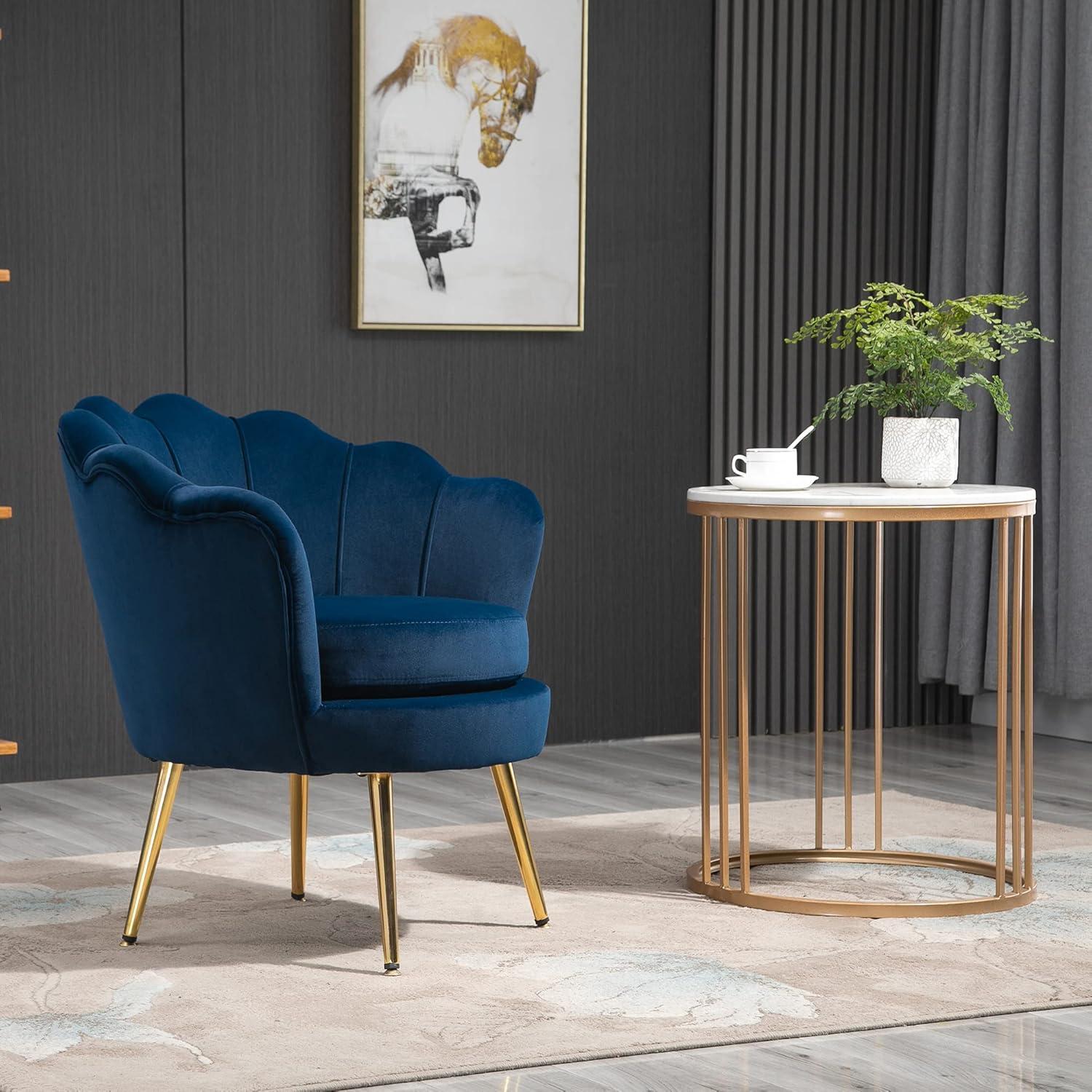 Elegant Lotus Blue Velvet Accent Chair with Gold Metal Legs