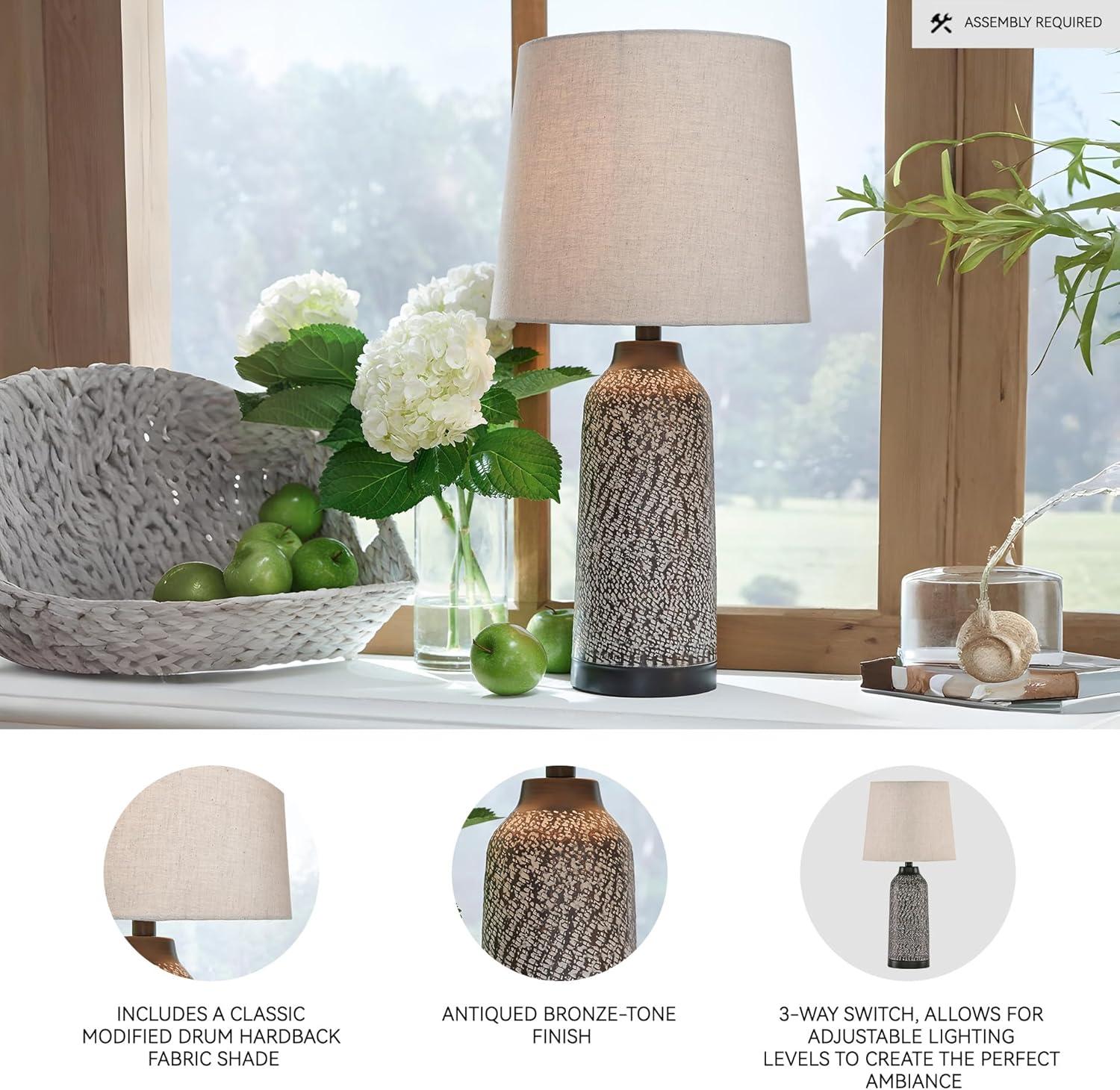 Signature Design by Ashley Lanson Table Lamps: Hammered Metal, Bronze Finish, Beige Shade, Set of 2