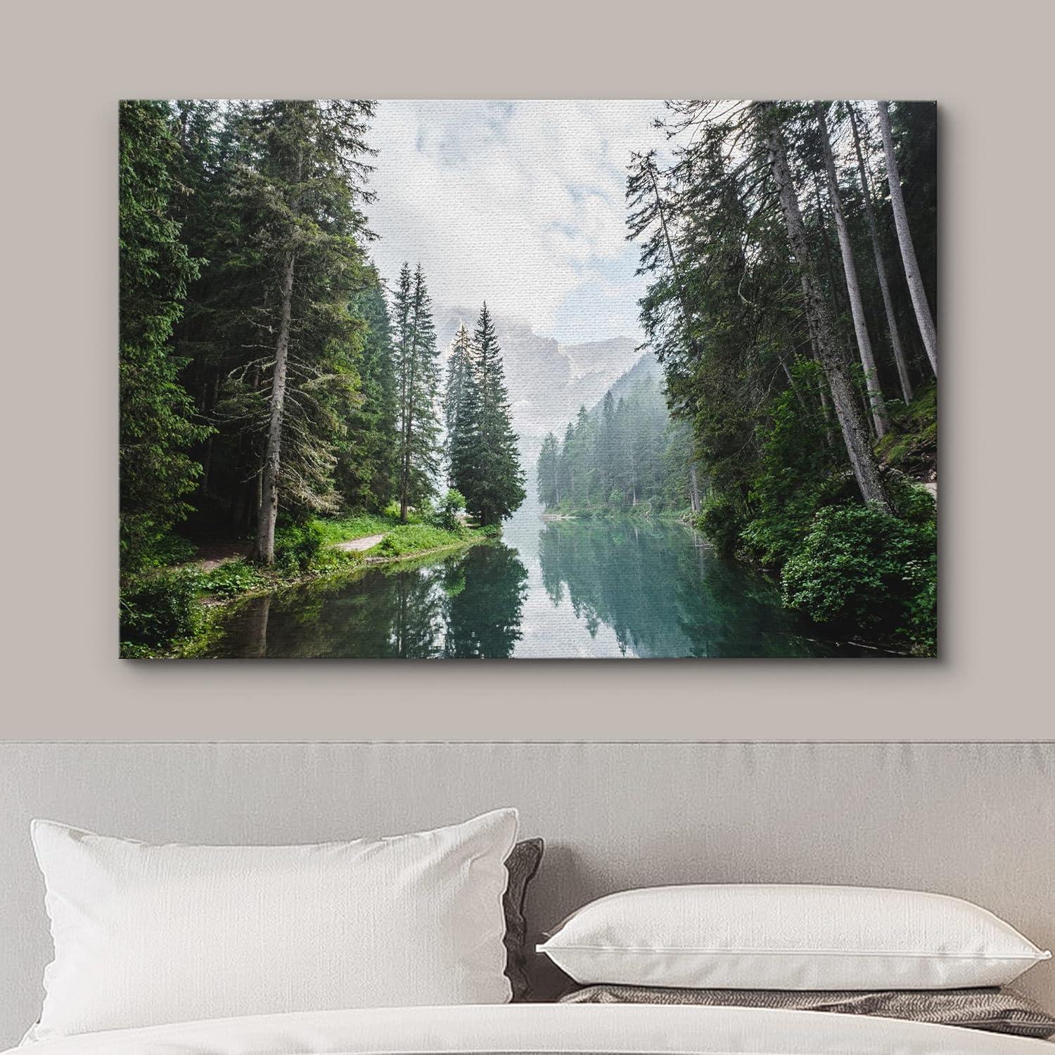 wall26 Canvas Print Wall Art Fall Green Forest with Lake Reflection Nature Wilderness Photography Modern Art Rustic Scenic Colorful Multicolor for Living Room, Bedroom, Office - 24"x36"