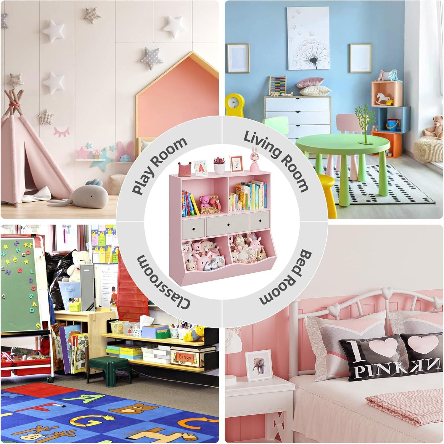 3-Tier Kids Bookshelf, Toy Storage Organizer with 3 Drawers,Wooden Bookcase with Large Toy Storage Cabinet for Playroom