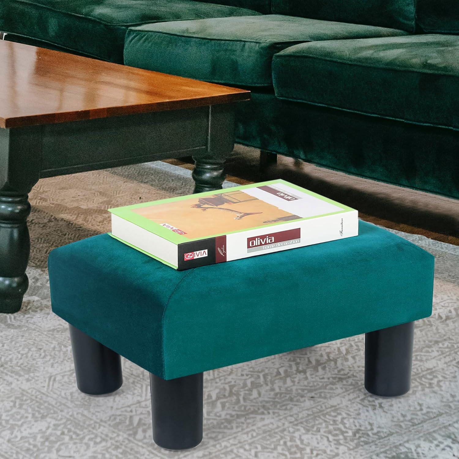 Green Velvet Tufted Small Footstool Ottoman with Black Legs