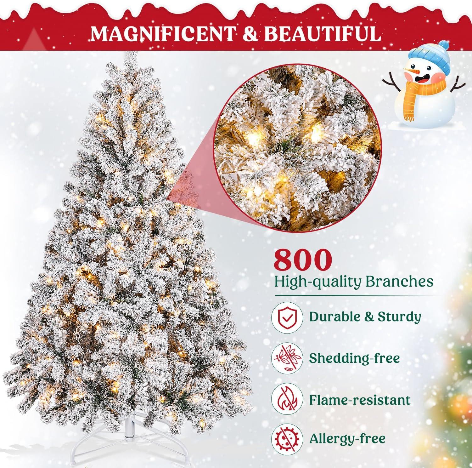 6FT Prelit Christmas Tree with Lights, Snow Flocked Artificial Christmas Tree with 250 Warm White LED Lights, 820 Branch Tips, Indoor Fake Xmas Tree for Home, Office, Party Decoration