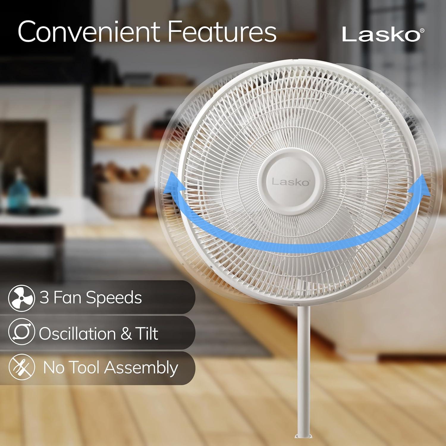 Lasko 2520 16 Inch 3-Speed Quiet Adjustable Tilting Wide-Area Oscillating Standing Pedestal Fan for Bedroom, Kitchen, Home, and Office, White