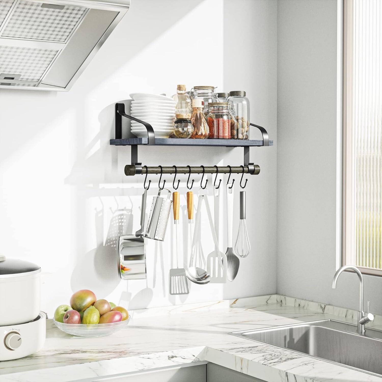 Love-KANKEI Wall Shelf for Storage Rustic Wood Kitchen Spice Rack with Towel Bar and 8 Removable Hooks for Organize Cooking Utensils or Mugs Floating Shelf Weathered Grey