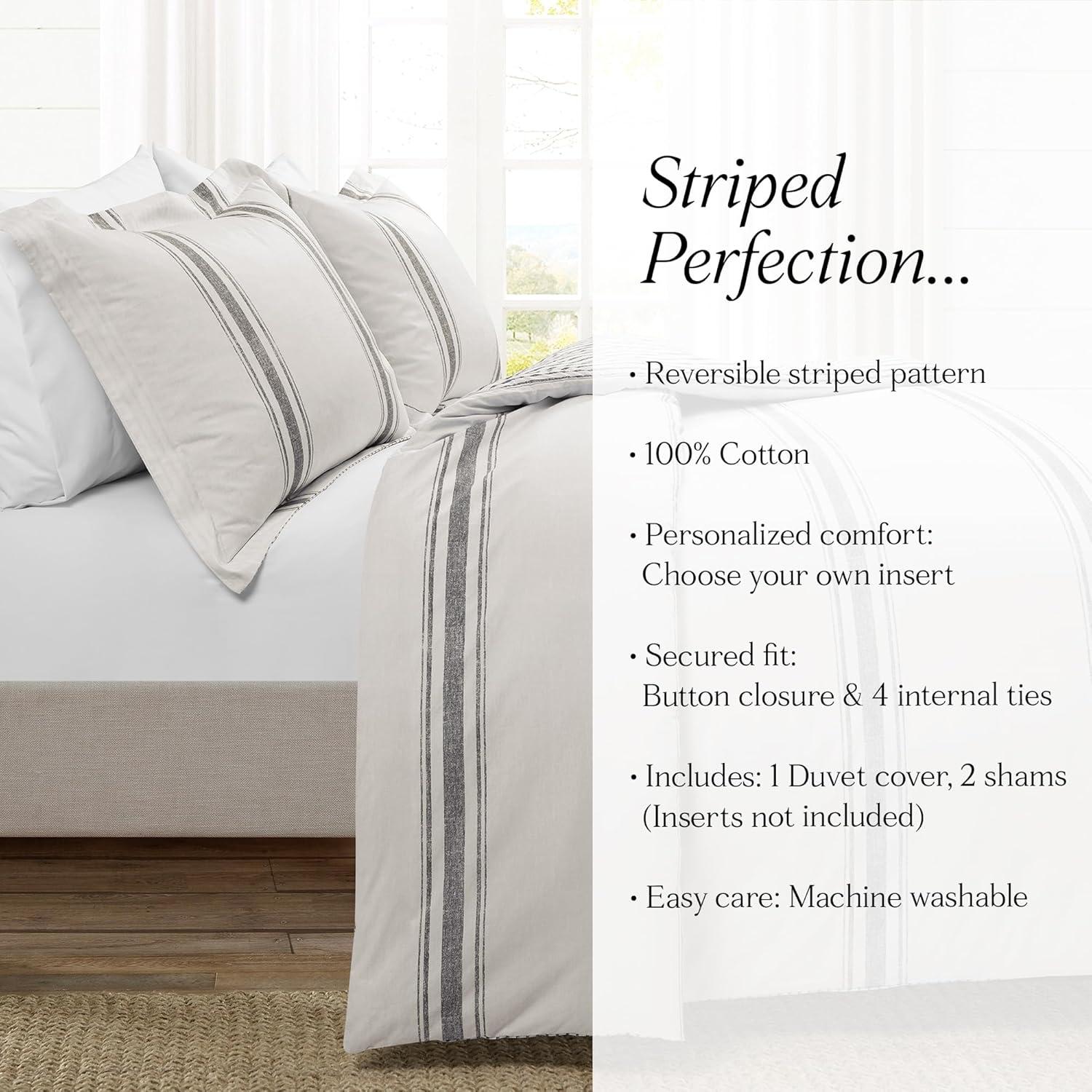 Lush Decor Farmhouse Stripe Duvet Cover Gray 3Pc Set King