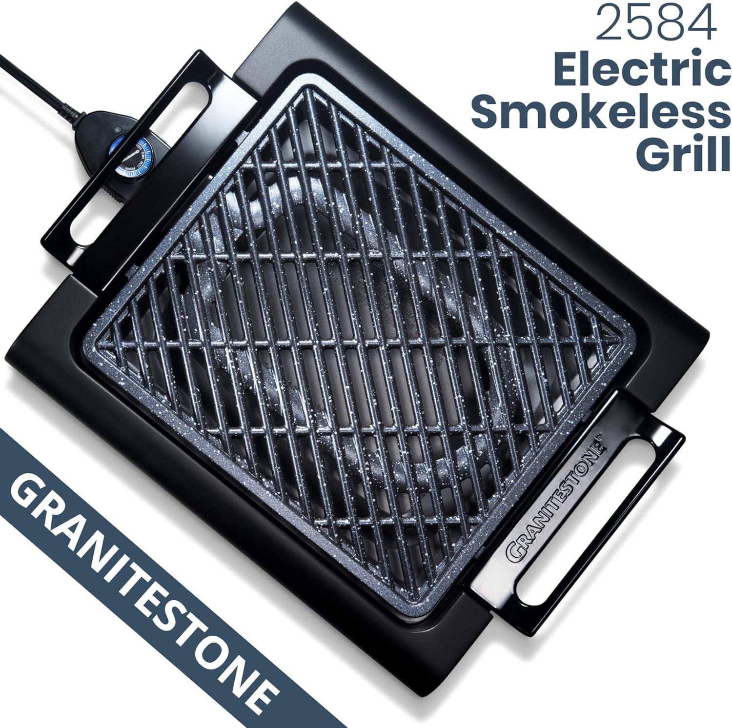 Granite Stone Indoor Nonstick Electric Smoke-Less Grill with Cool-Touch Handles and Adjustable Temperature Dial – Black, 16" x 14”