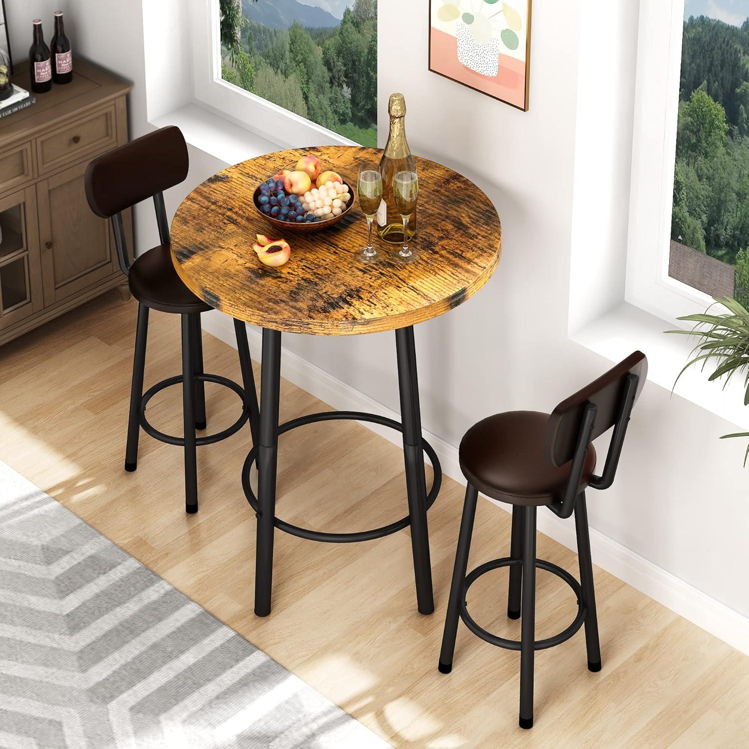 Recaceik 3 Piece Pub Dining Set, Modern Round bar Table and Stools for 2 Kitchen Counter Height Wood Top Bistro Easy Assemble for Breakfast Nook Living Room Small Space Restaurant, Rustic Brown