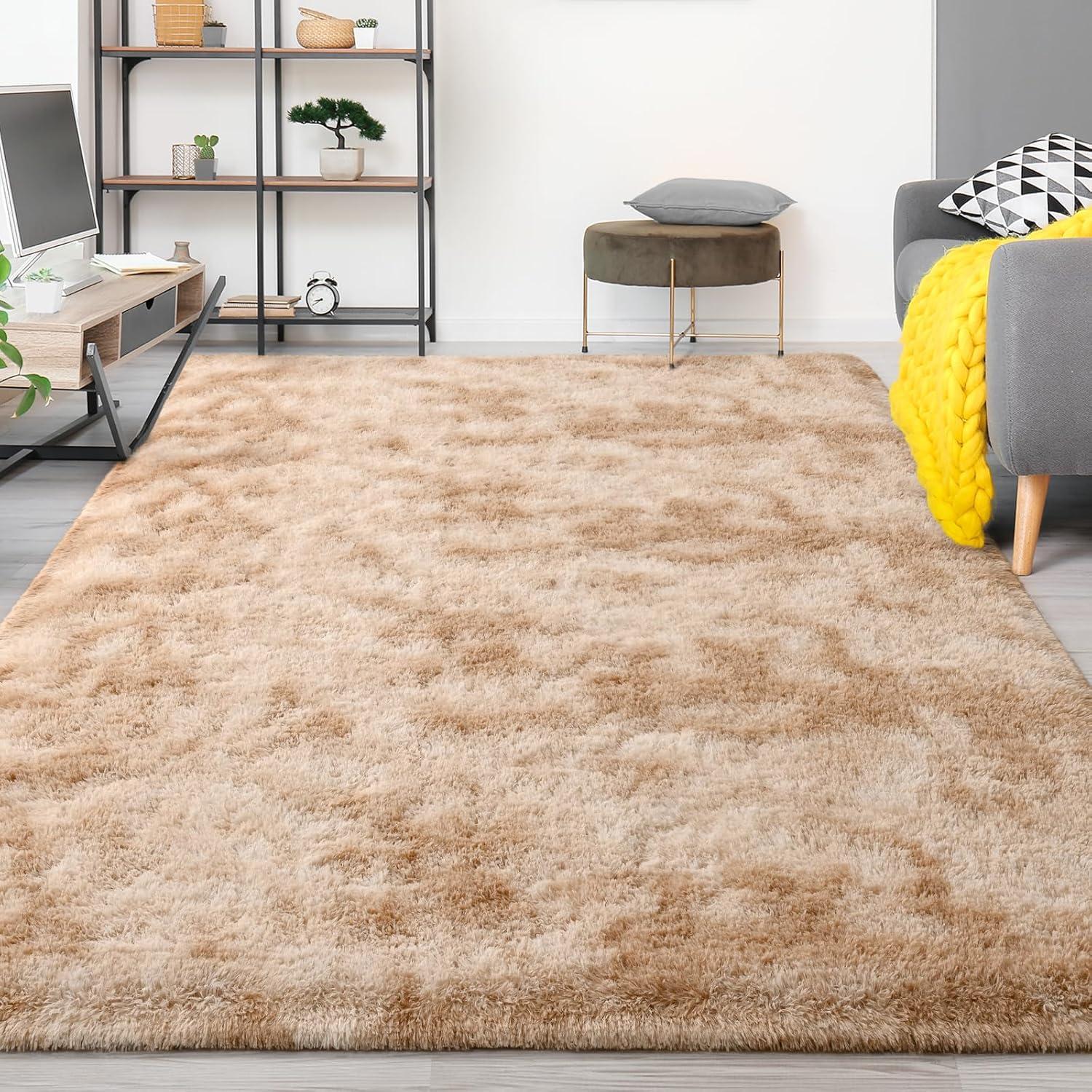 FlyDOIT Large Area Rugs for Living Room, 5x8 Feet Tie-Dyed Beige Shaggy Rug Fluffy Throw Carpets, Ultra Soft Plush Modern Indoor Fuzzy Rugs for Bedroom Girls Kids Nursery Room Dorm Home Decor