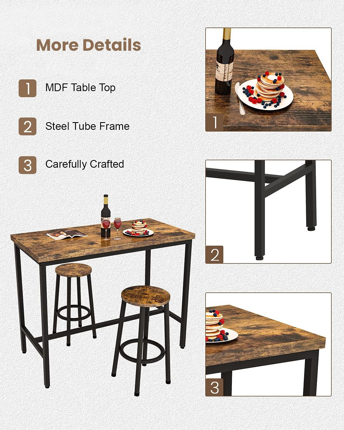 Recaceik Bar Table Set-3PCS Kitchen Counter-Dining Table with 2 Stools, for Home-Farmhouse-Restaurant-Cafe-Kitchen-Dining, Artificial Wood Top & Sturdy Steel Frame, Rustic Brown