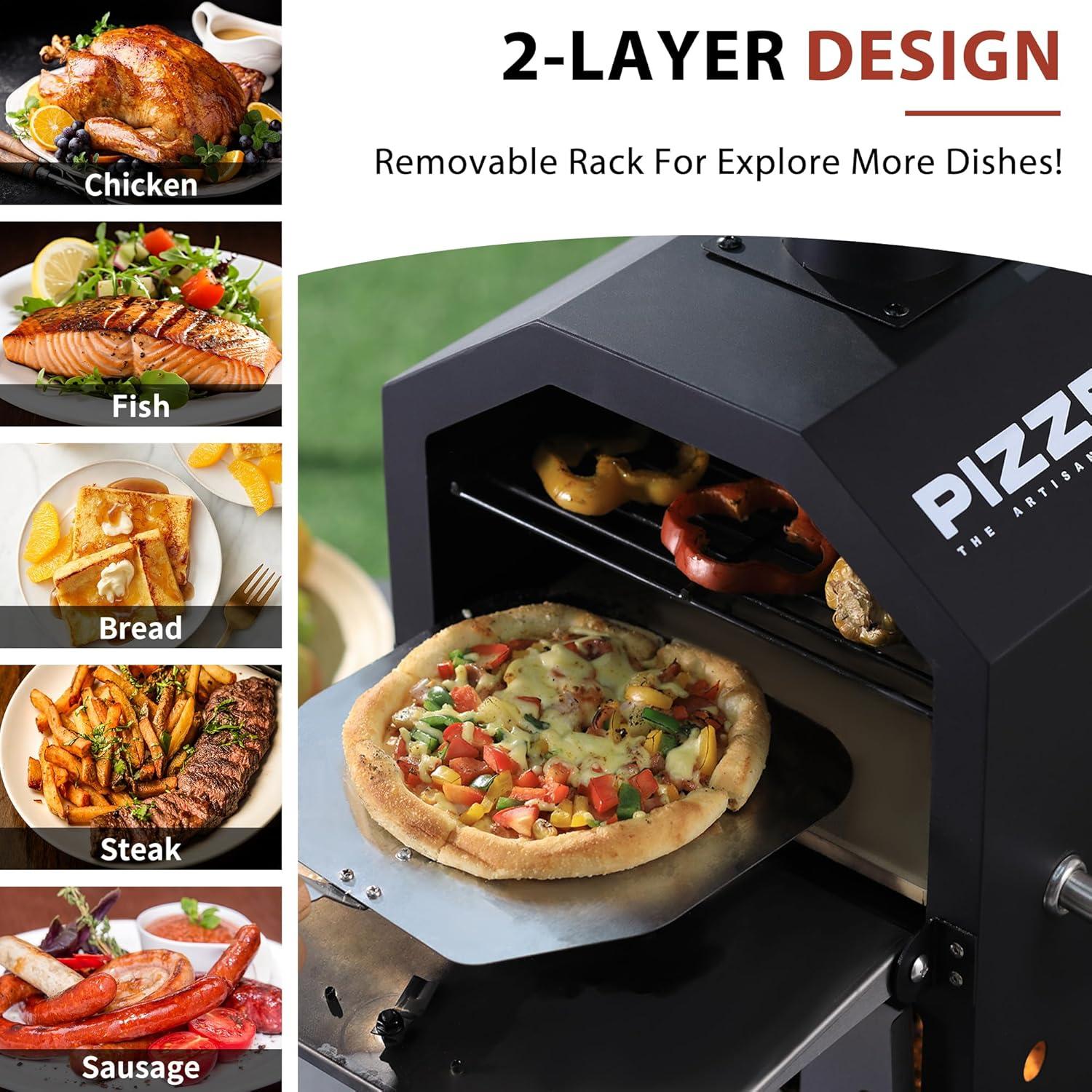 12 in. Outdoor Wood Fired Pizza Oven 2-Layer Pizza Maker Outside Pizza Grill for Backyard Parties, Black