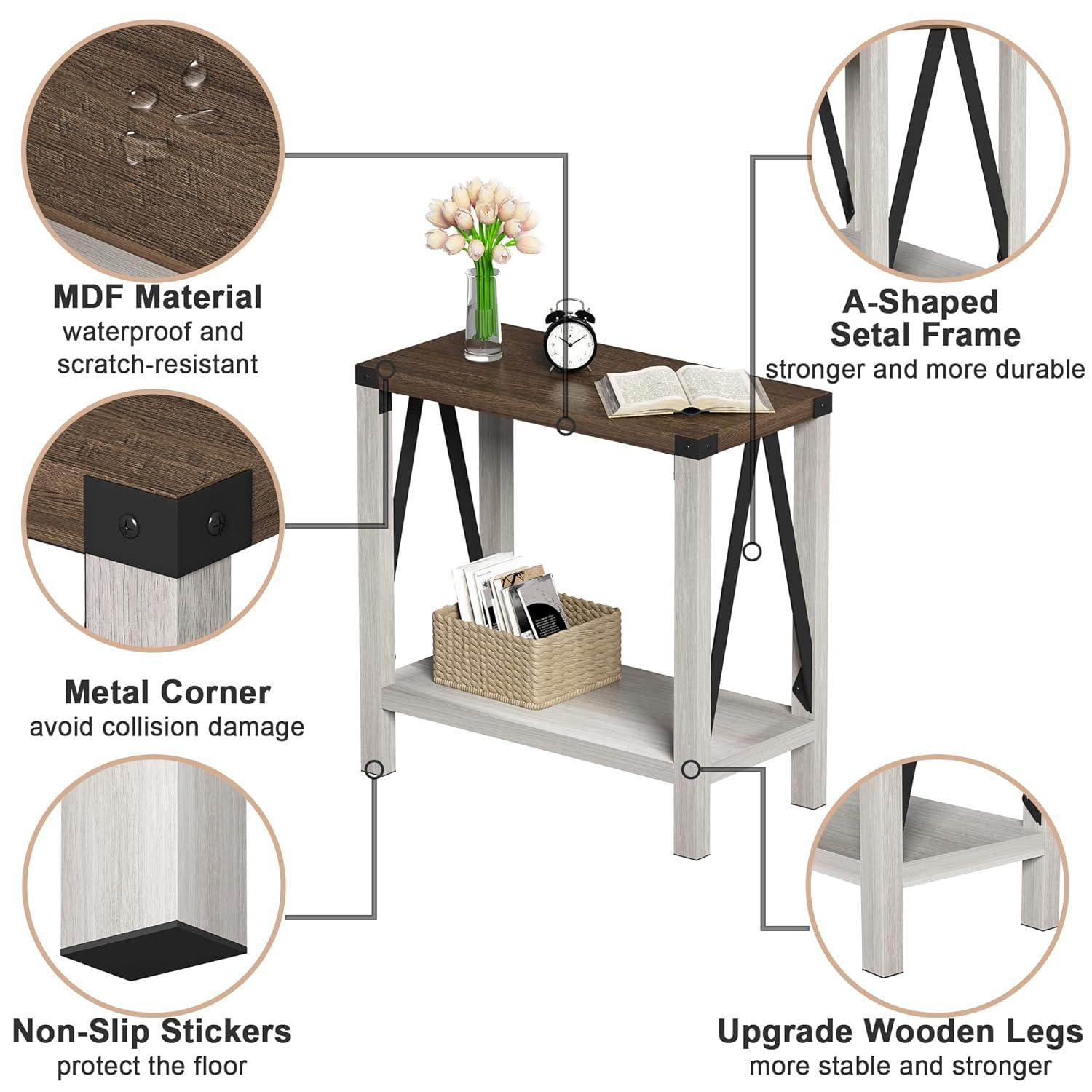 Gracie Oaks Farmhouse End Table For Small Spaces, Narrow Side End Table With Storage Shelf, Rustic A-Design Nightstand Sofa Table For Living Room, Bedroom 2 Pack