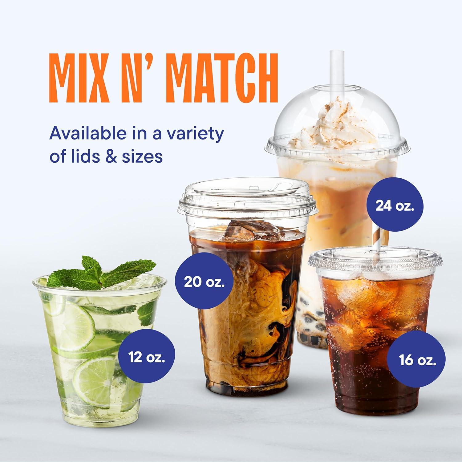 Stack Man Clear Plastic Cups with Lids 12 oz [100 Sets] Disposable Iced Coffee Cups with Straw Lids