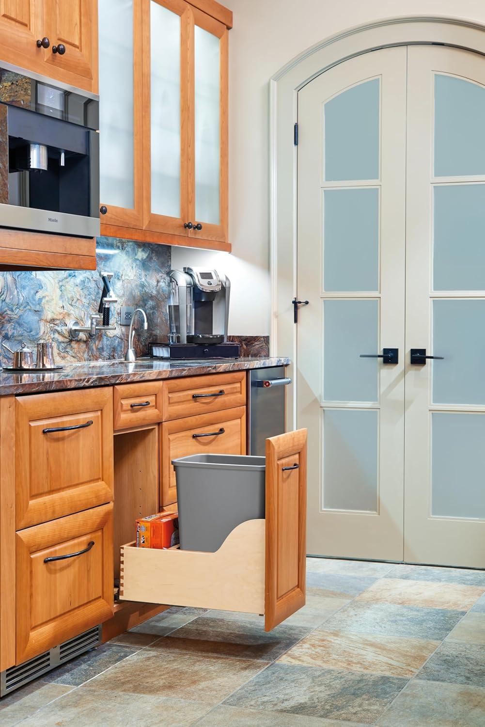 Rev-A-Shelf Pullout Trash Can for Kitchen Cabinets 35 Qt 8.75 Gal Bottom Mounted, Rear Storage, Undermount Soft-Close Slides, Silver, 4WCSC-1535DM-1