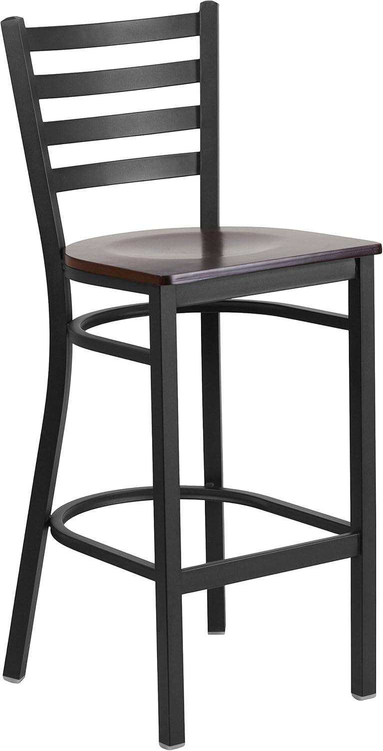 Walnut Wood and Black Metal Ladder Back Barstool