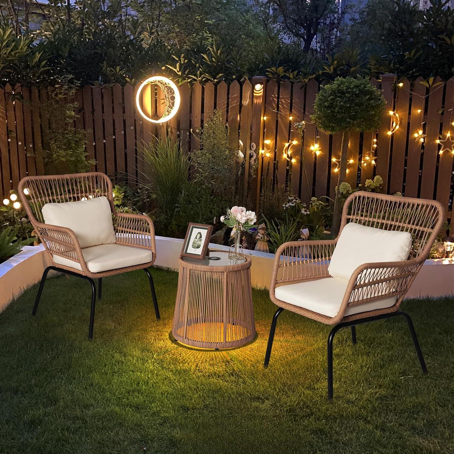 Black Steel and Wicker 3-Piece Patio Bistro Set with Beige Cushions