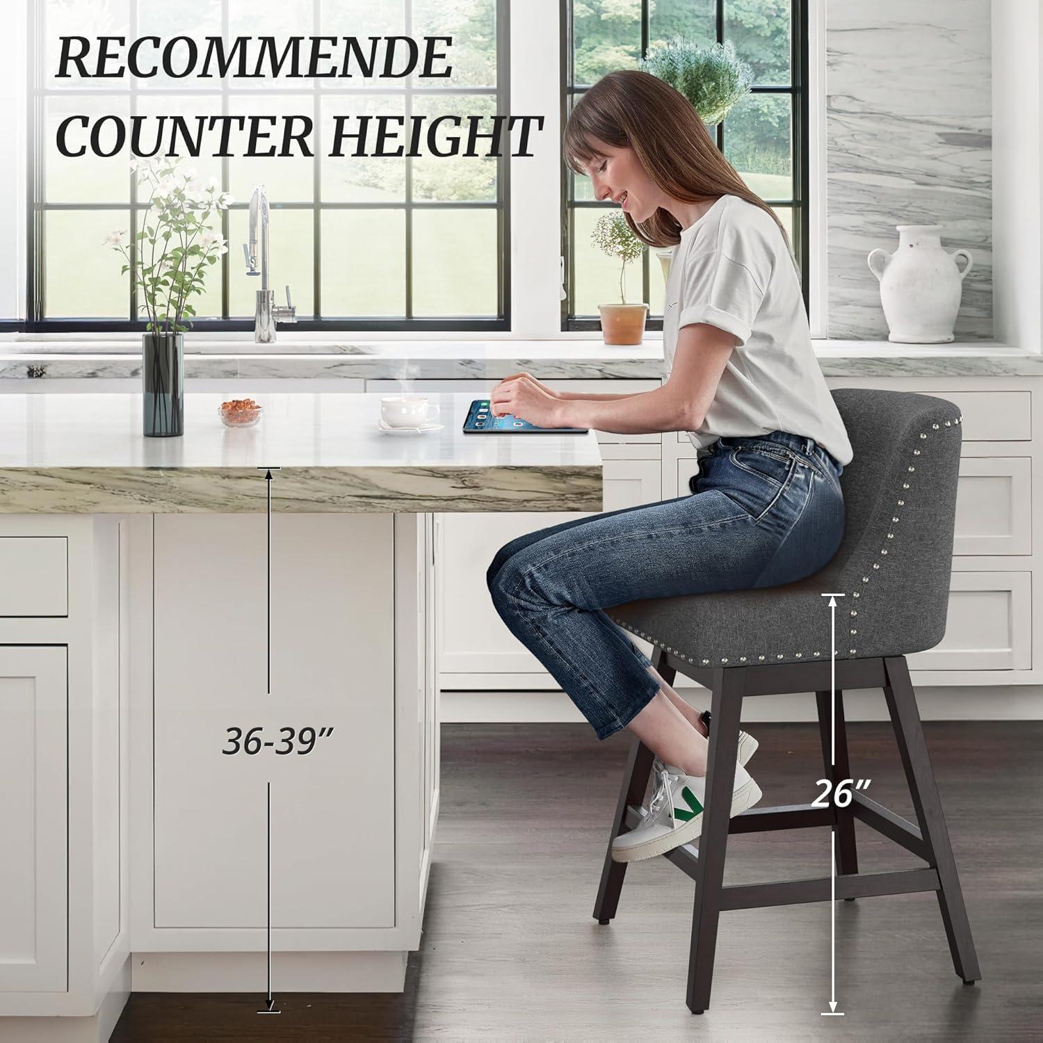 Dycanpo 26''H Swivel Counter Stools Set of 4 with Back Linen Fabric for Home Kitchen Island, Gray