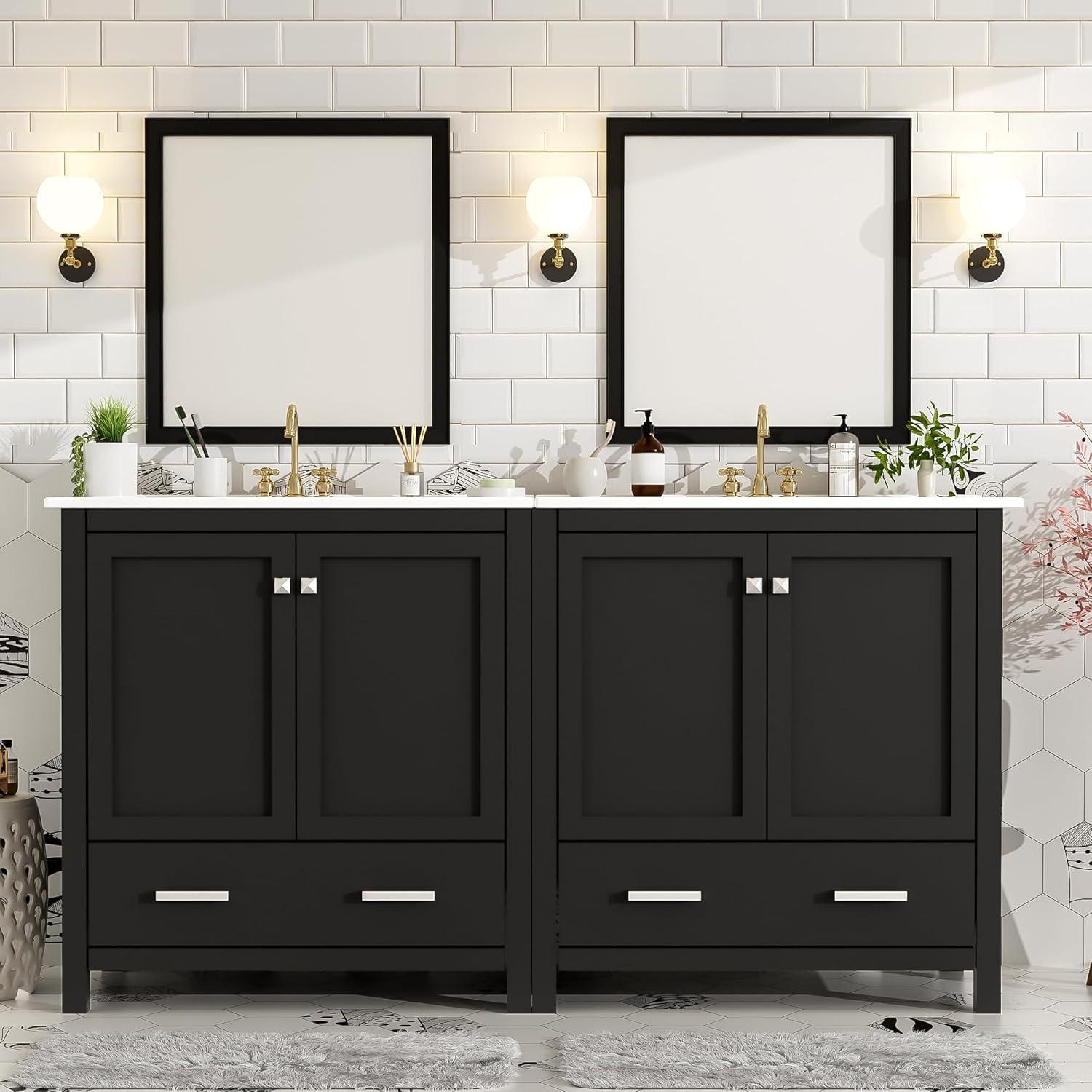 60" Bathroom Vanity Set,Double Vanities (Separate), Double Ceramic Sinks, Storage Shelf, and Divided Drawers (Mirror not Included)– Modern Bathroom Solution for Spacious Bathrooms,Grey