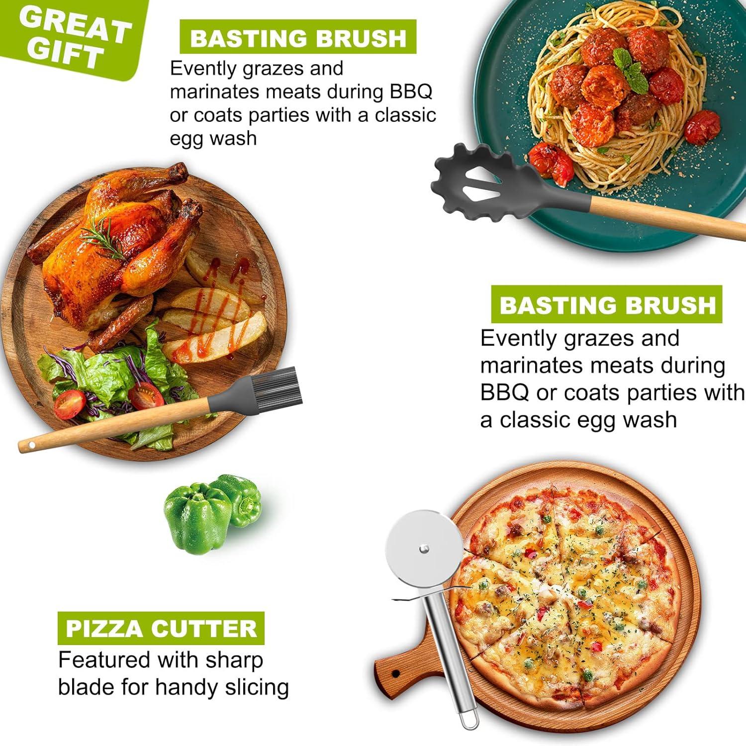 Silicone Kitchen Cooking Utensils Sets with Holder,Nonstick Heat Resistant,Wooden Handle,Black