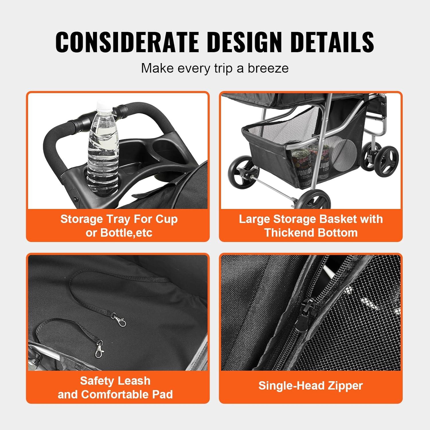 Black 3-Wheel Folding Pet Stroller with Storage Basket