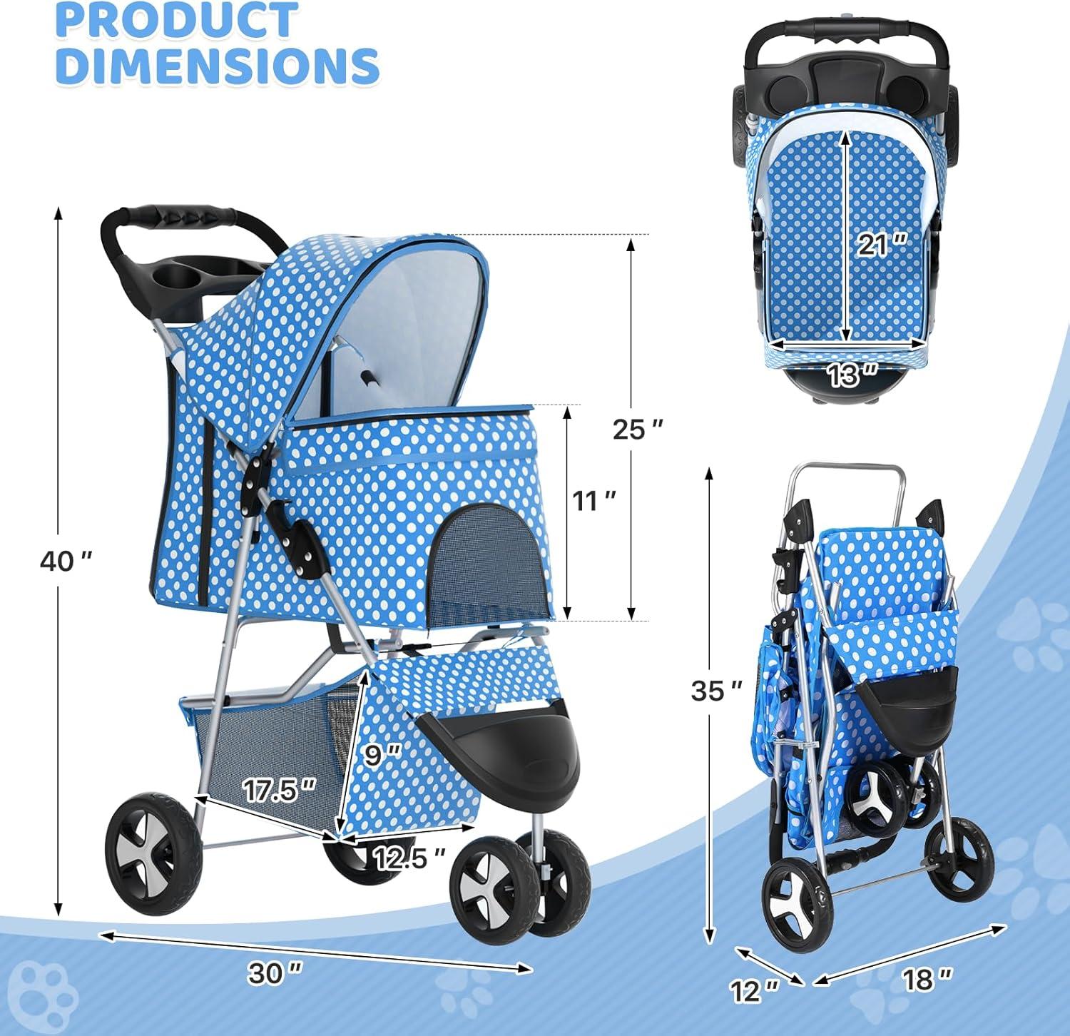 Magshion Foldable Pet Dog and Cat Stroller with Adjustable Canopy Storage Basket and Cup Holder for Small and Medium Pets