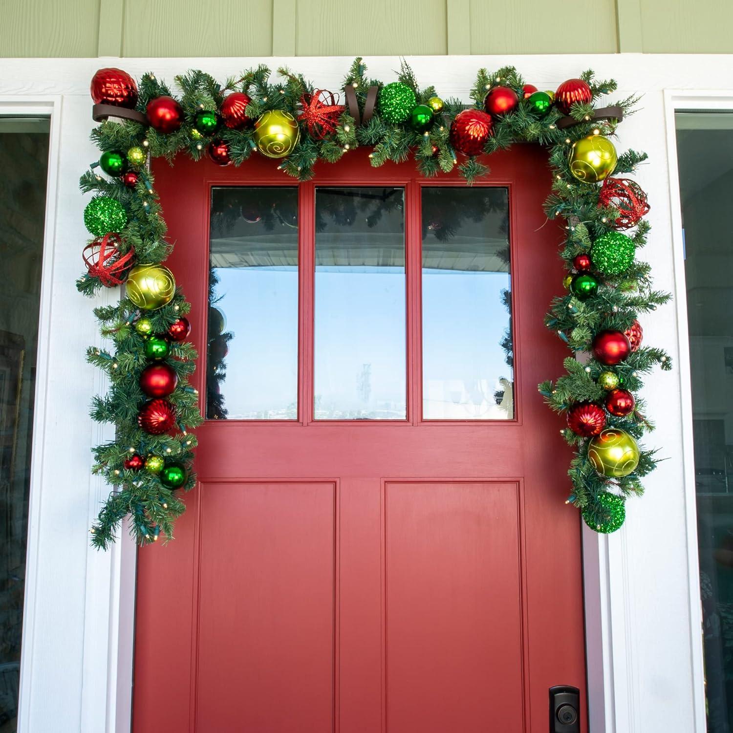 [9 Foot Artificial Christmas Garland] - Festive Holiday Collection - Red and Green Decoration - Pre Lit with 100 Warm Clear Colored LED Mini Lights - includes Remote Controlled Battery Powered Timer