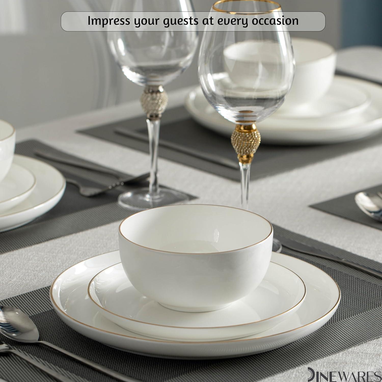 Dinewares White with Gold Rim Bone China Dinnerware Set - Service for 8, Includes Dinner Plates, Salad Plates, and Cereal or Soup Bowls