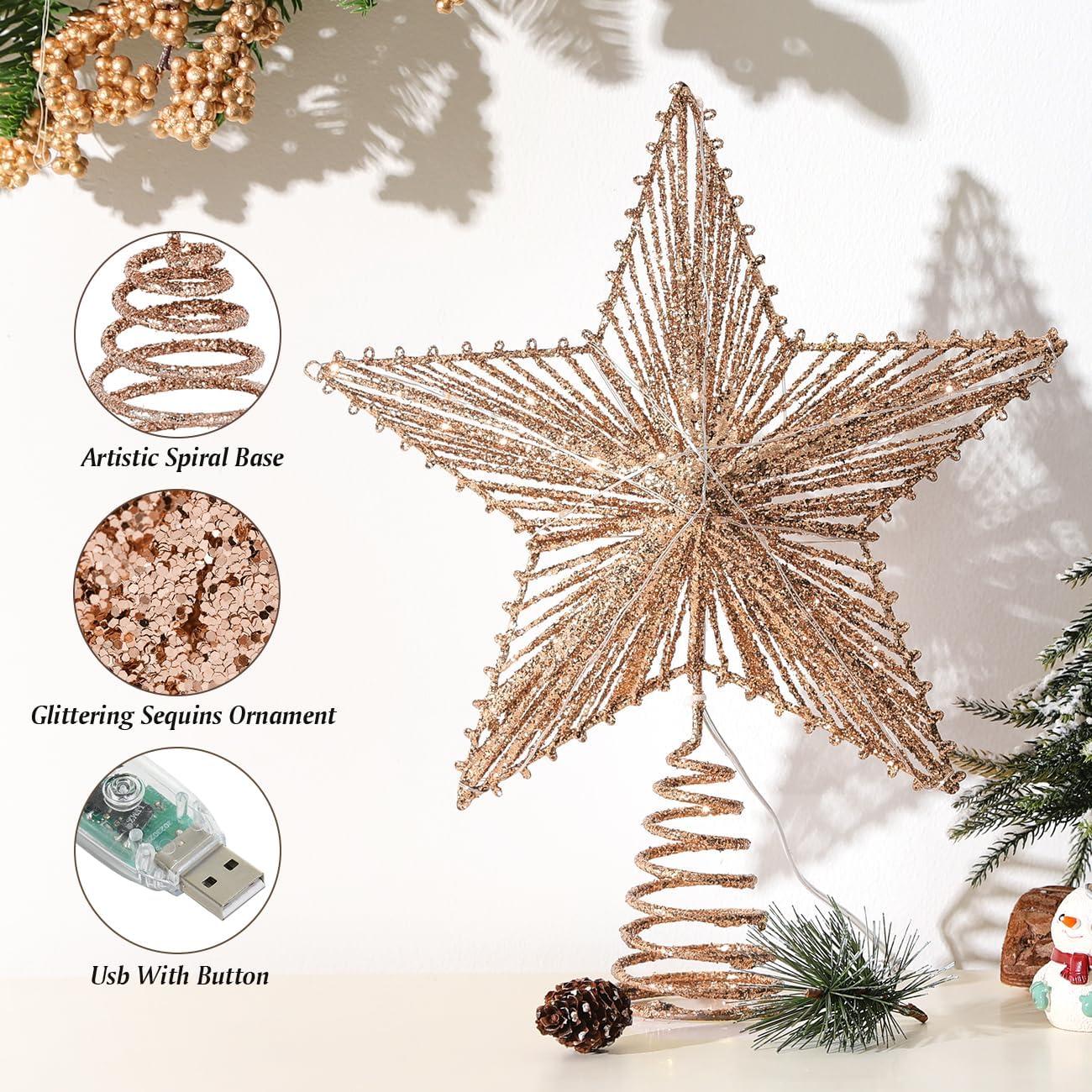 Rose Gold Lighted Star Christmas Tree Topper with Remote