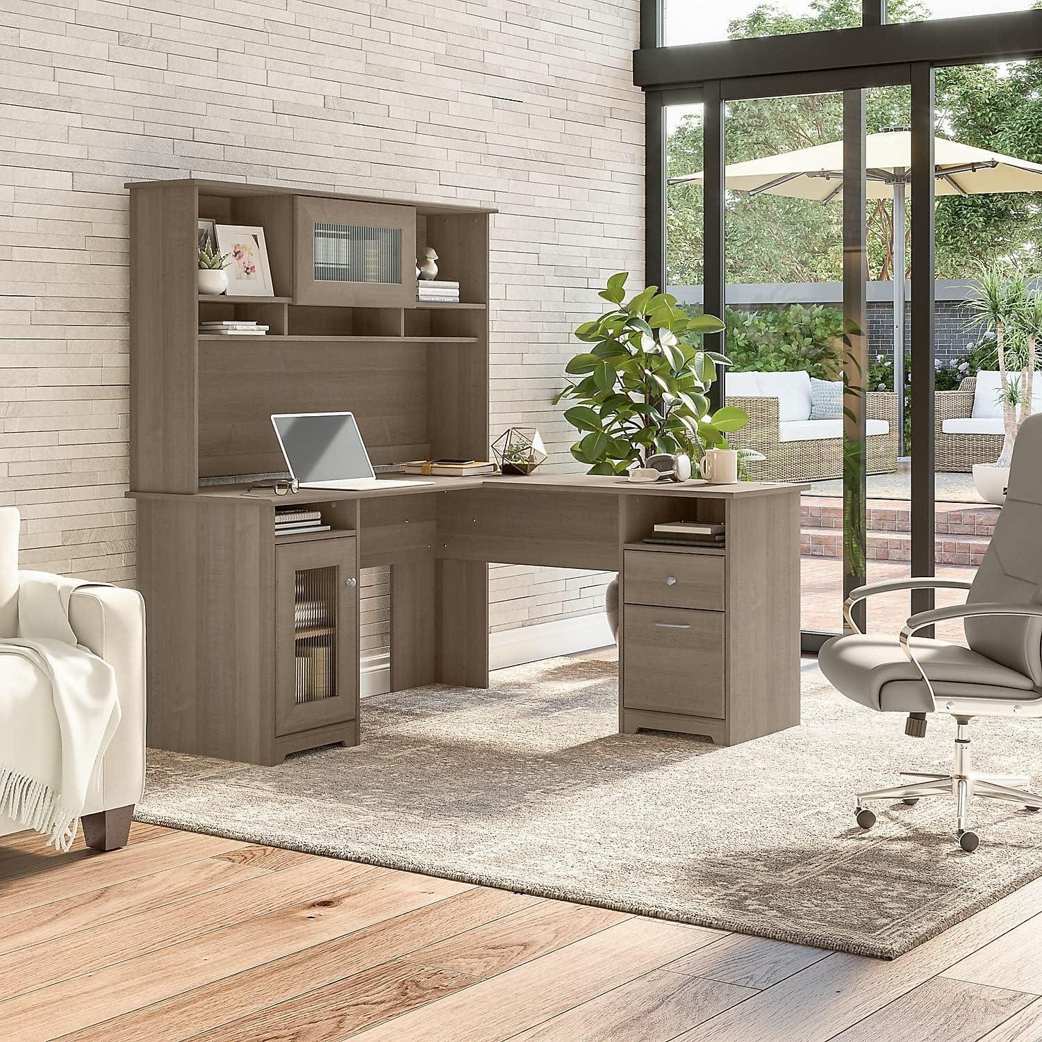 Bush Furniture Cabot 60" L Desk and Hutch with Storage, Ash Gray