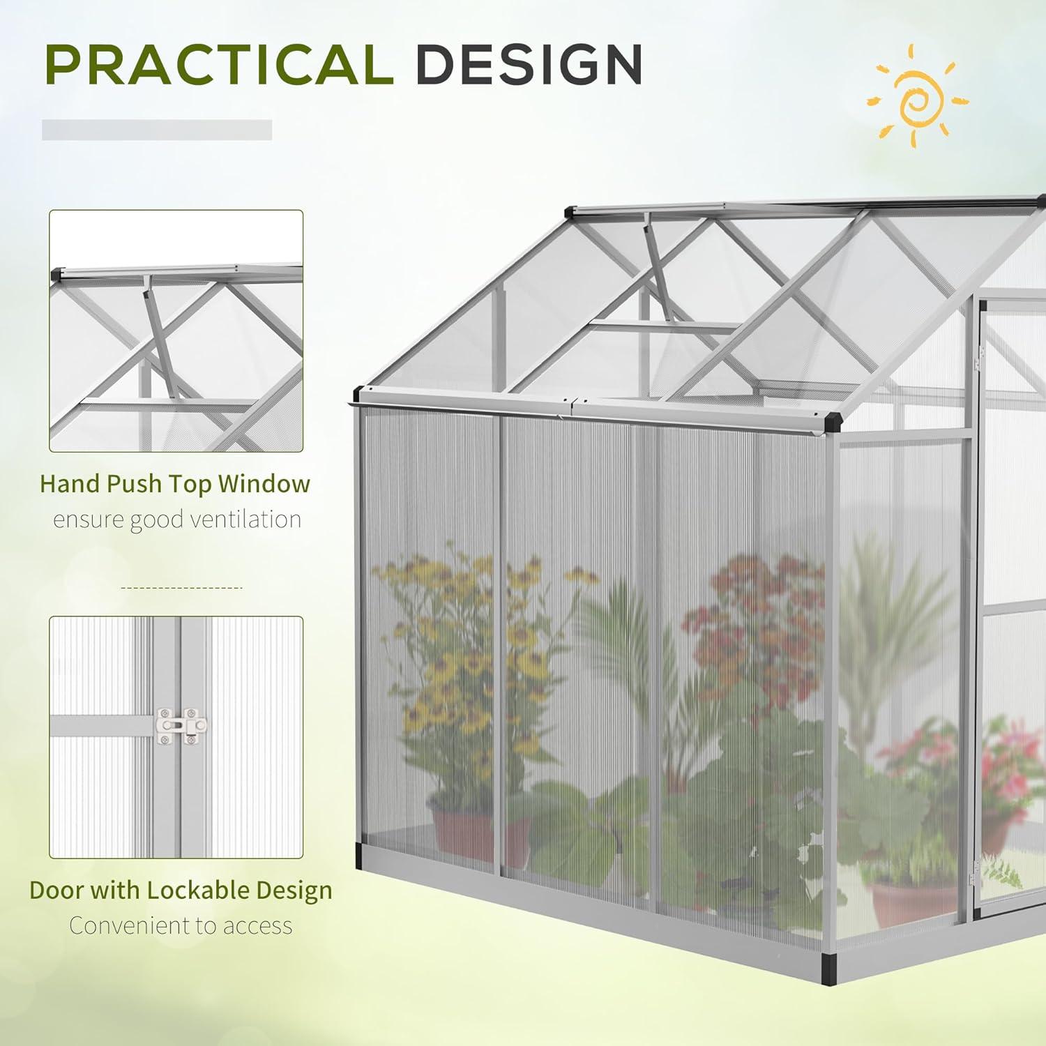 Outsunny Walk-In Polycarbonate Greenhouse with Roof Vent for Ventilation & Rain Gutter, Hobby Greenhouse for Winter