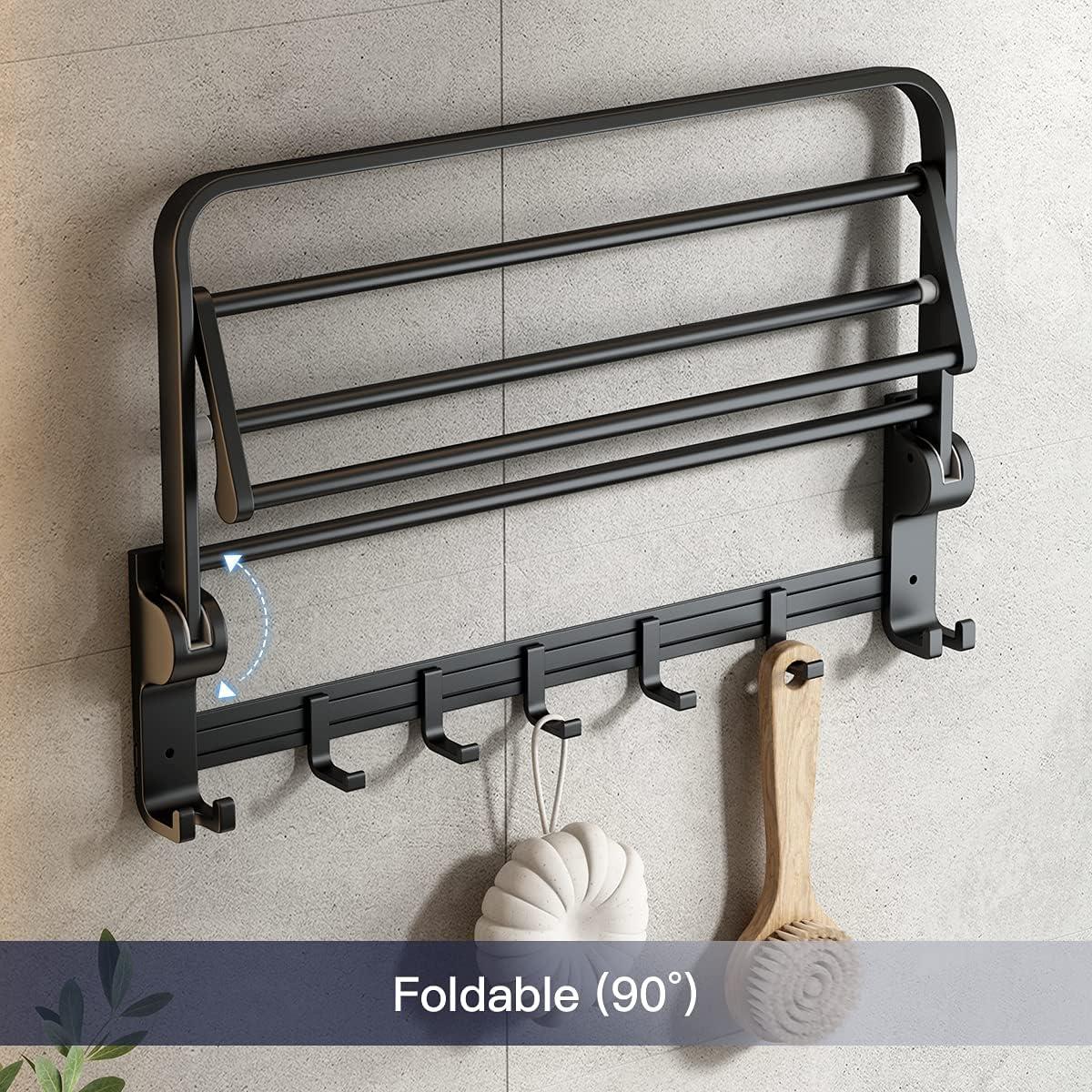 VOLDRA Towel Racks for Bathroom, 24-Inch Towel Shelf with Towel Bar Foldable Towel Holder with 7 Hooks Towel Storage Organizer for Bathroom & Lavatory Wall Mounted(Matte Black)