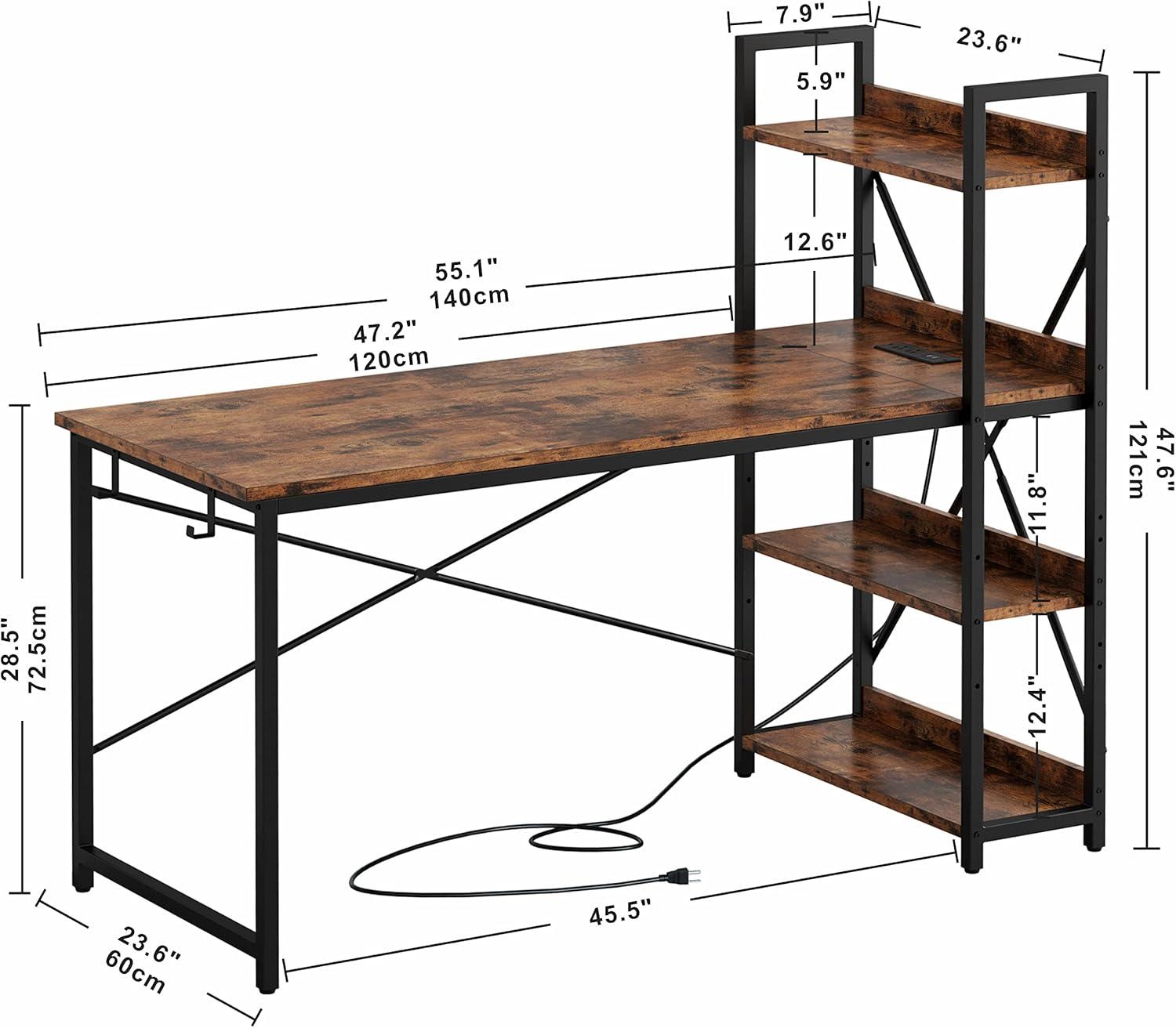 IRONCK Computer Desk 55" with Power Outlet & Storage Shelves for Home Office Rustic Brown