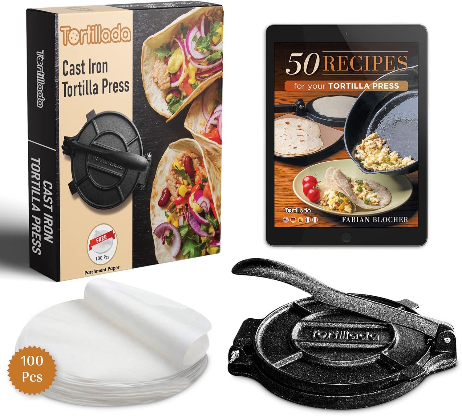 Tortillada – 10 inch Tortilla Press + Parchment Paper (100 pcs) - Pre-Seasoned Cast Iron with Recipes E-Book