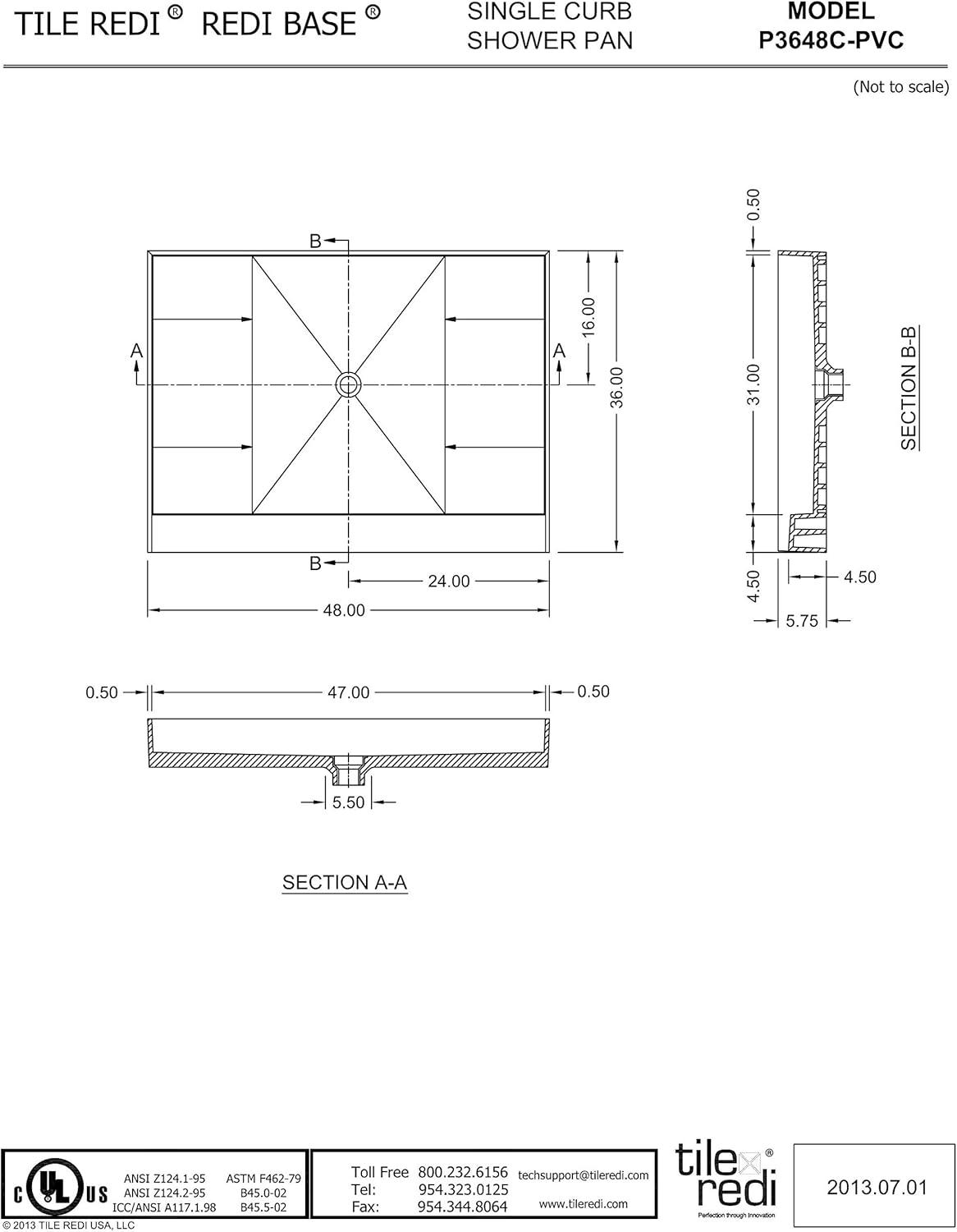 Beige PVC 48" x 36" Shower Pan with Center Drain