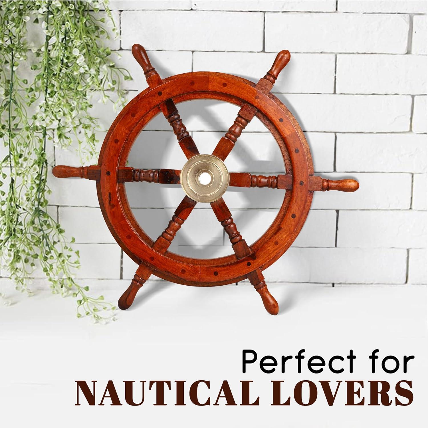 Handcrafted 30" Brown Wood and Brass Nautical Ship Wheel