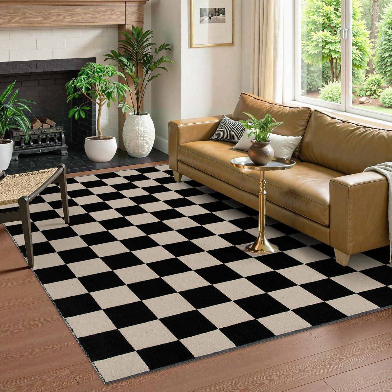 Corrigan Studio® Haylee Super Lightweight Plastic Straw Rug Checkered Black/White Outdoor Area Rug